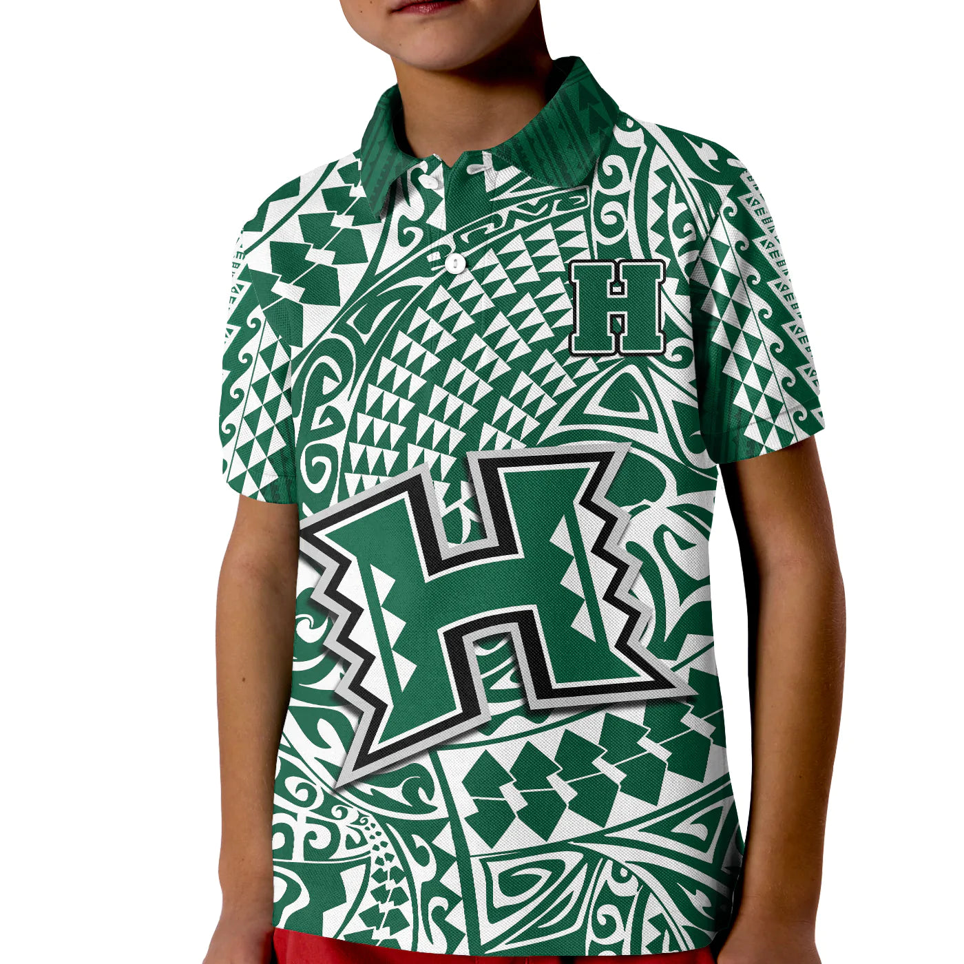 (Custom Text And Number) Hawaii Football Polo Shirt KID Rainbow Warriors Tribal Kakau LT14 Kid Green - Polynesian Pride