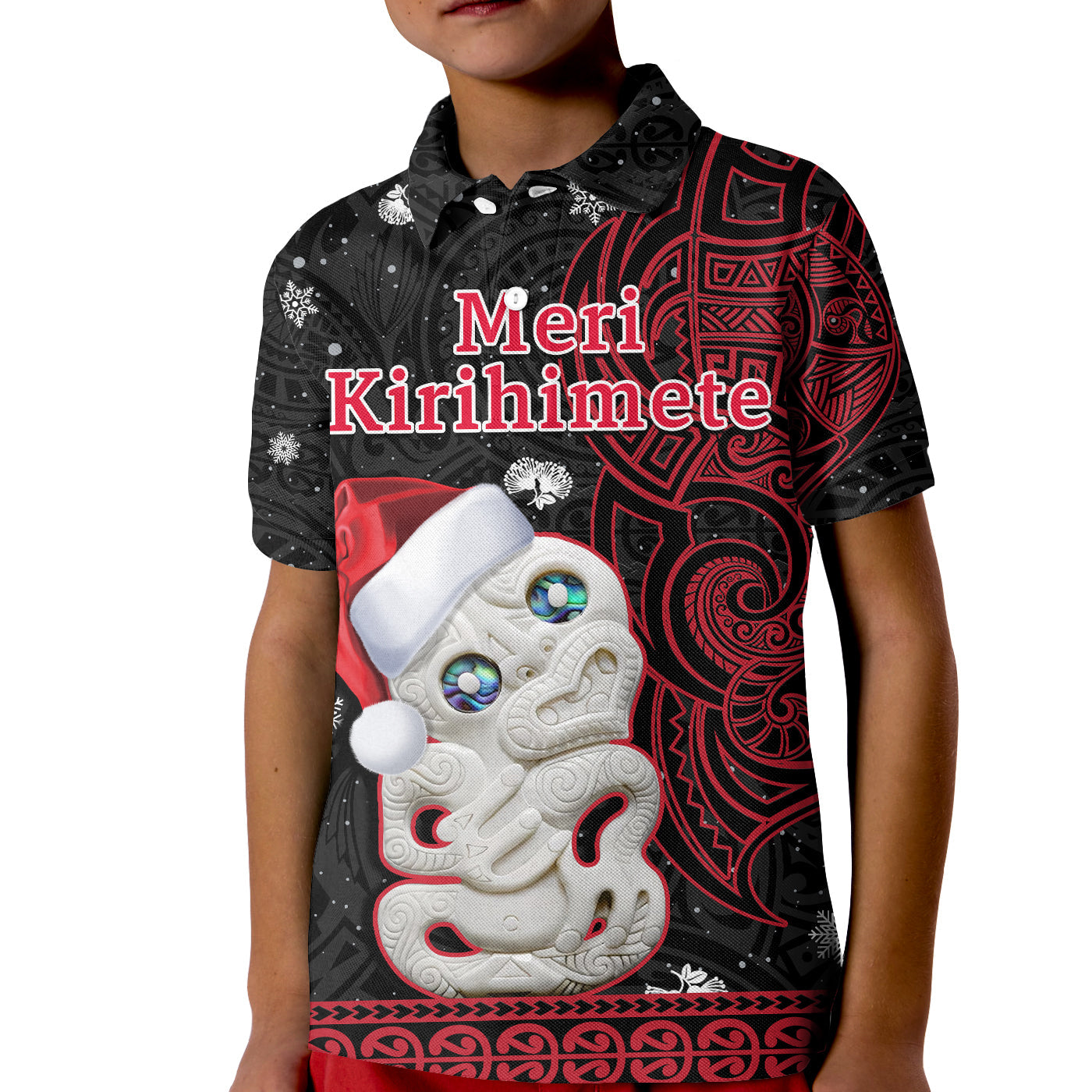 New Zealand Christmas Polo Shirt KID Hei Tiki Red Pohutukawa Meri Kirihimete LT14 Kid Red - Polynesian Pride