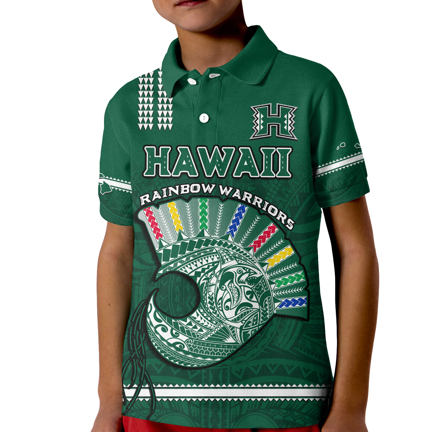 Hawaii Football Polo Shirt KID Kakau Rainbow Warriors Helmet Go Bows LT14 Kid Green - Polynesian Pride