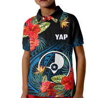 Yap State Polo Shirt KID FSM Hibiscus Flowers Mix Polynesian LT14 Kid Blue - Polynesian Pride