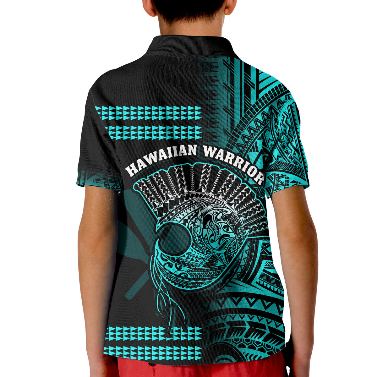 Hawaii Polo Shirt KID Kakau Warrior Helmet Gradient Turquoise Polynesian LT14 - Polynesian Pride