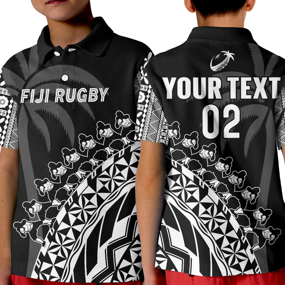(Custom Text and Number) Fiji Rugby Polo Shirt Fijian Cibi Dance Tapa Pattern Black LT14 Kid Black - Polynesian Pride