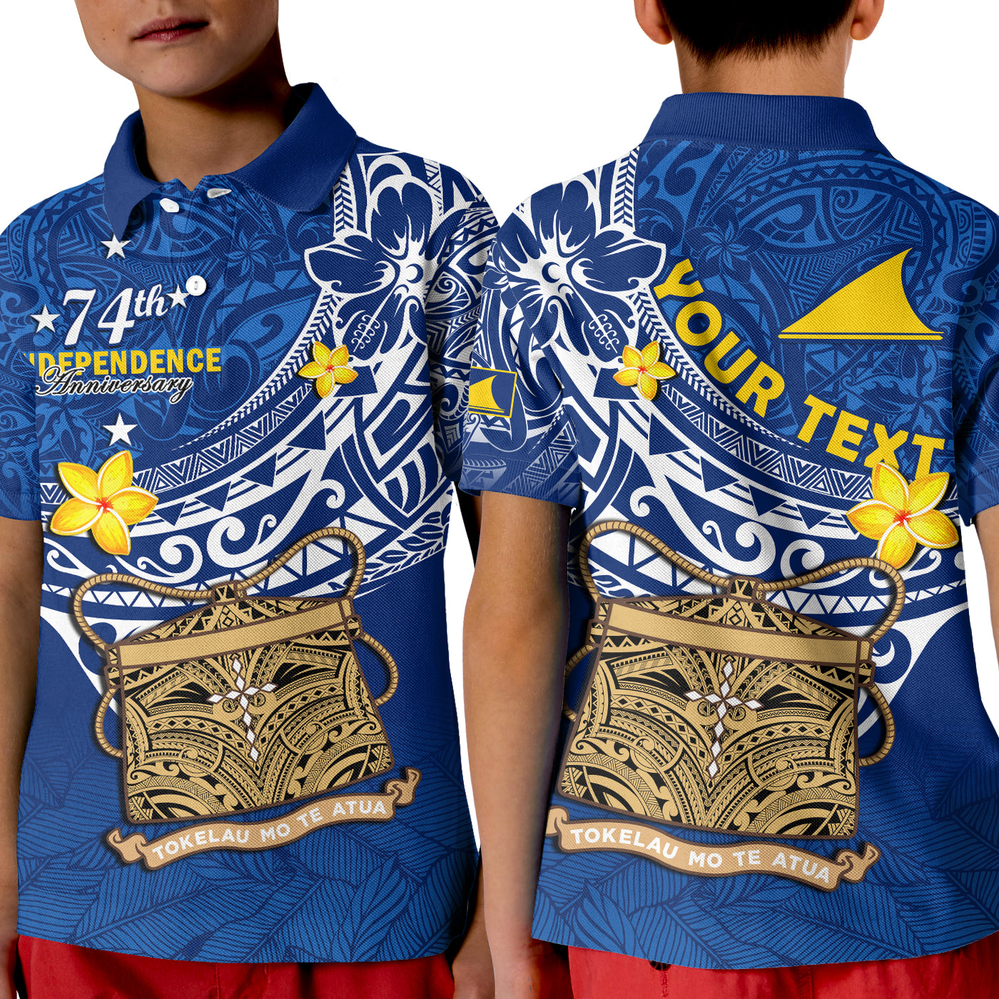 Custom Tokelau Polo Shirt KID National Badge Polynesian Happy 74th Independence Anniversary LT14 Kid Blue - Polynesian Pride