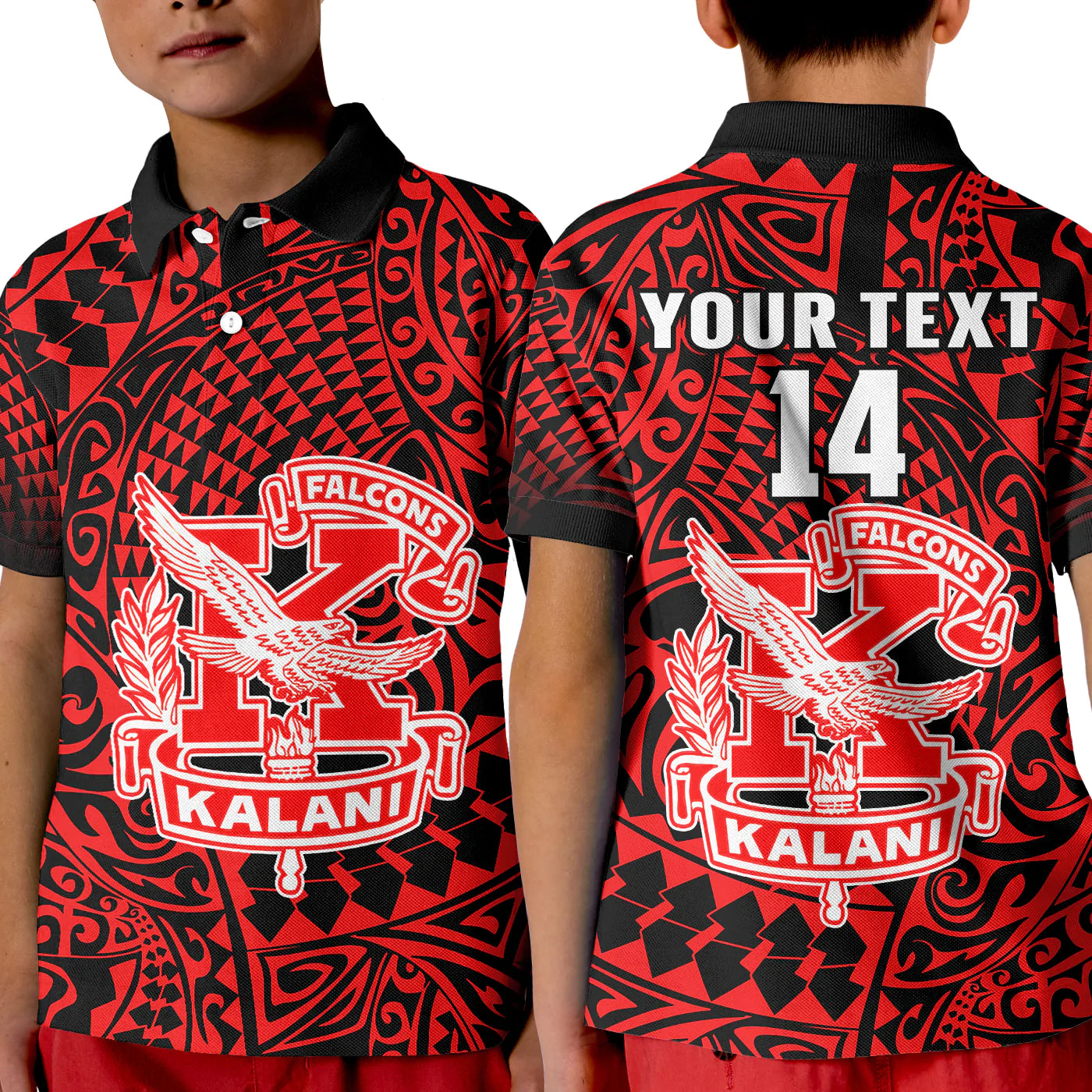 (Custom Text And Number) Hawaii Polo Shirt KID Kalani High School Tribal Kakau LT14 Kid Red - Polynesian Pride