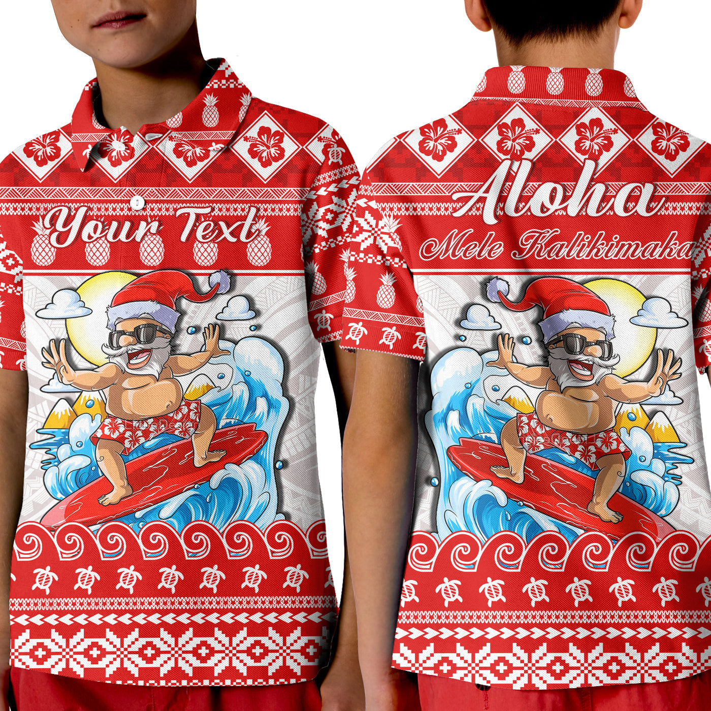 Custom Hawaii Christmas Polo Shirt KID Surfing Santa Mele Kalikimaka Polynesian LT14 Kid Red - Polynesian Pride