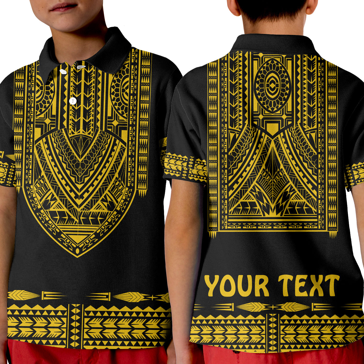 (Custom Personalised) Polynesian Polo Shirt KID Dashiki With Polynesian Tattoo Royal Golden Version LT14 Kid Black - Polynesian Pride