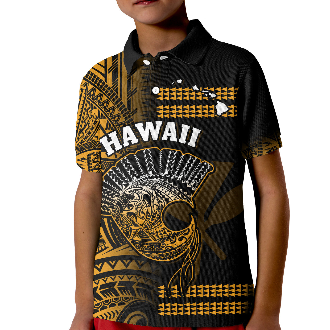 (Custom Personalised) Hawaii Polo Shirt KID Kakau Warrior Helmet Gradient Gold Polynesian LT14 Kid Gold - Polynesian Pride