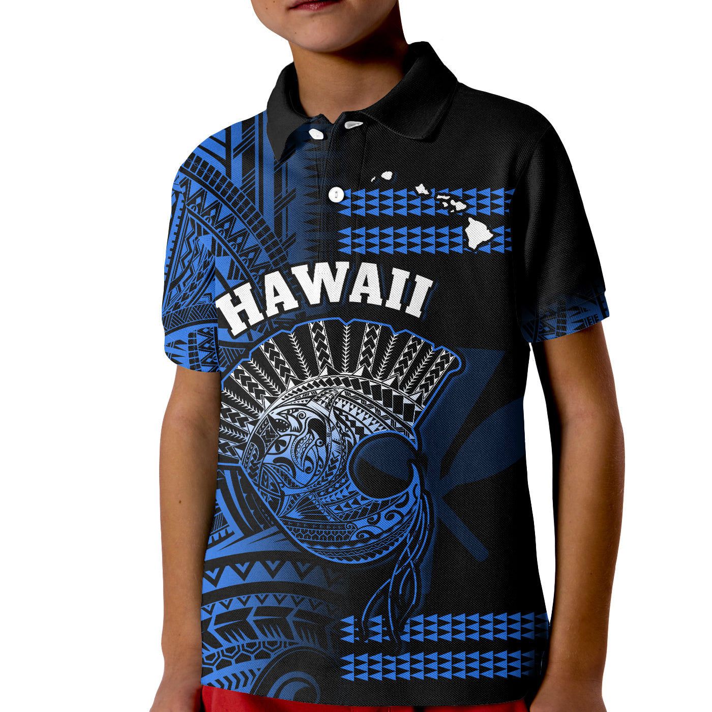 Hawaii Polo Shirt KID Kakau Warrior Helmet Gradient Blue Polynesian LT14 Kid Blue - Polynesian Pride