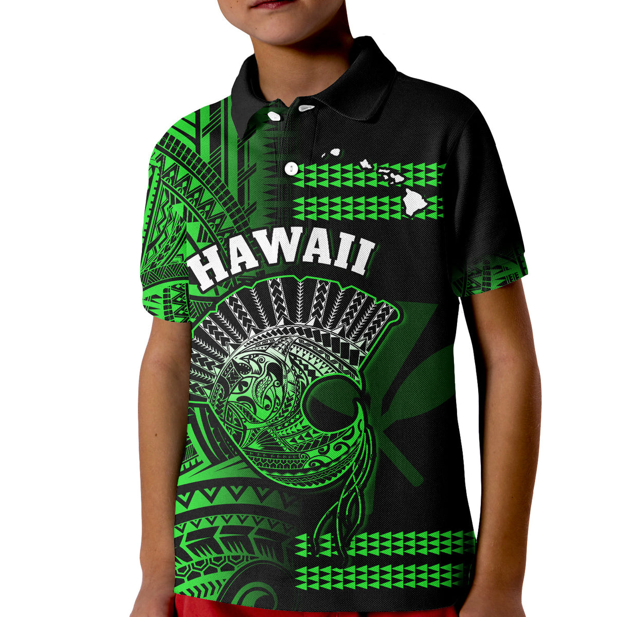 Hawaii Polo Shirt KID Kakau Warrior Helmet Gradient Green Polynesian LT14 Kid Green - Polynesian Pride
