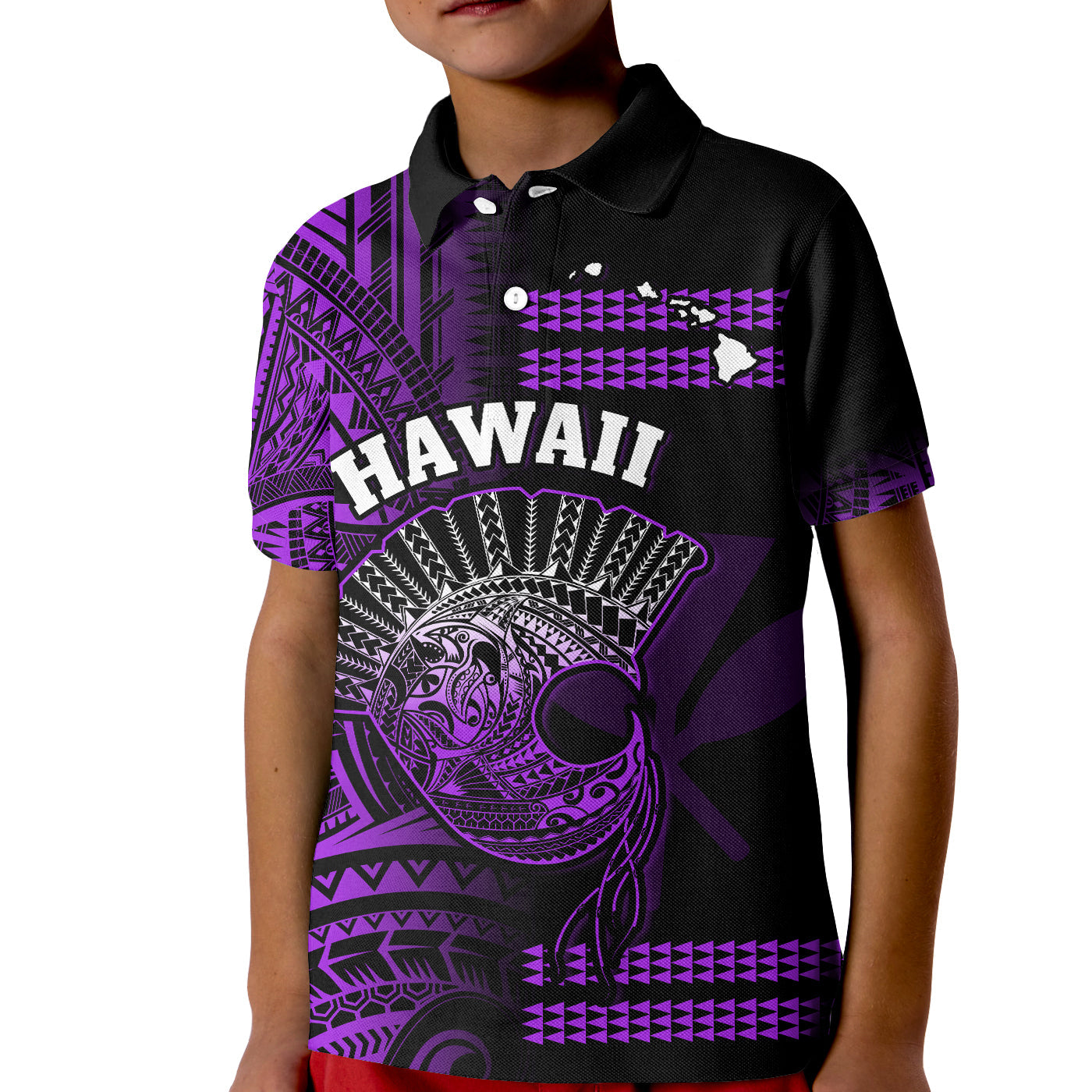 (Custom Personalised) Hawaii Polo Shirt KID Kakau Warrior Helmet Gradient Purple Polynesian LT14 Kid Purple - Polynesian Pride