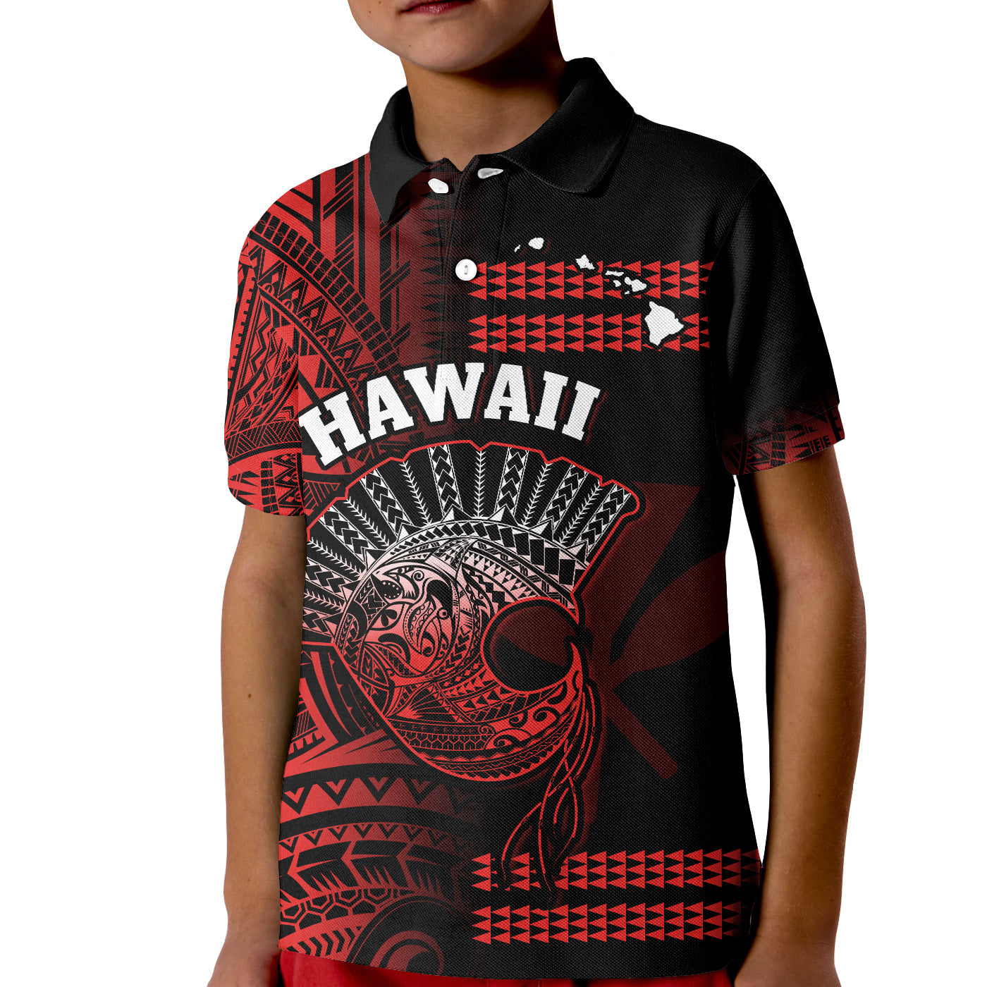Hawaii Polo Shirt KID Kakau Warrior Helmet Gradient Red Polynesian LT14 Kid Red - Polynesian Pride