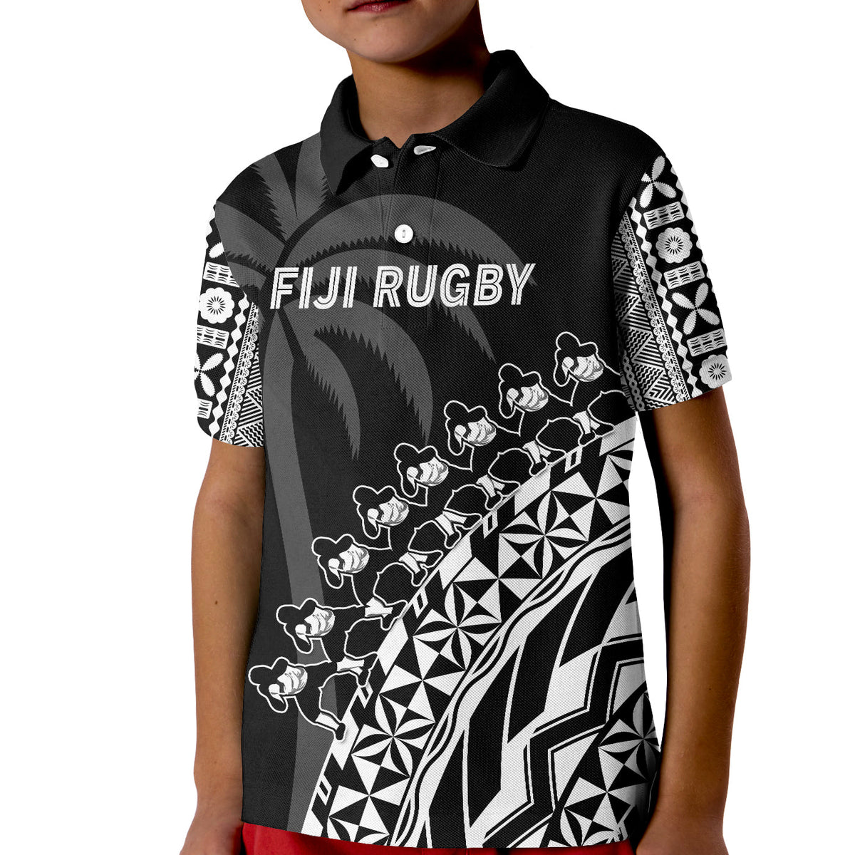 (Custom Text and Number) Fiji Rugby Polo Shirt Fijian Cibi Dance Tapa Pattern Black LT14 - Polynesian Pride