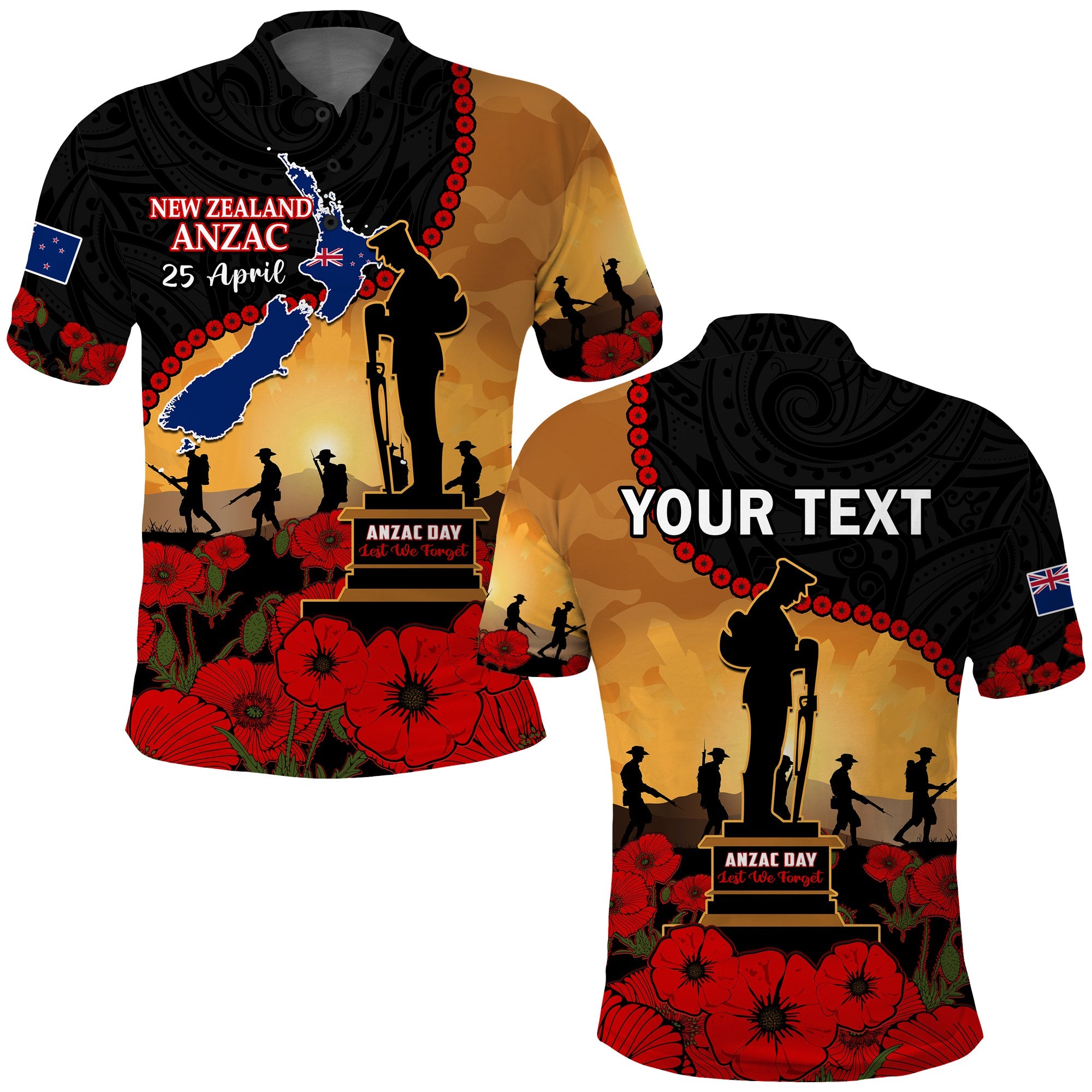 Custom New Zealand ANZAC Polo Shirt Maori Camouflage Mix Poppies We Will Remember Them LT14 Black - Polynesian Pride