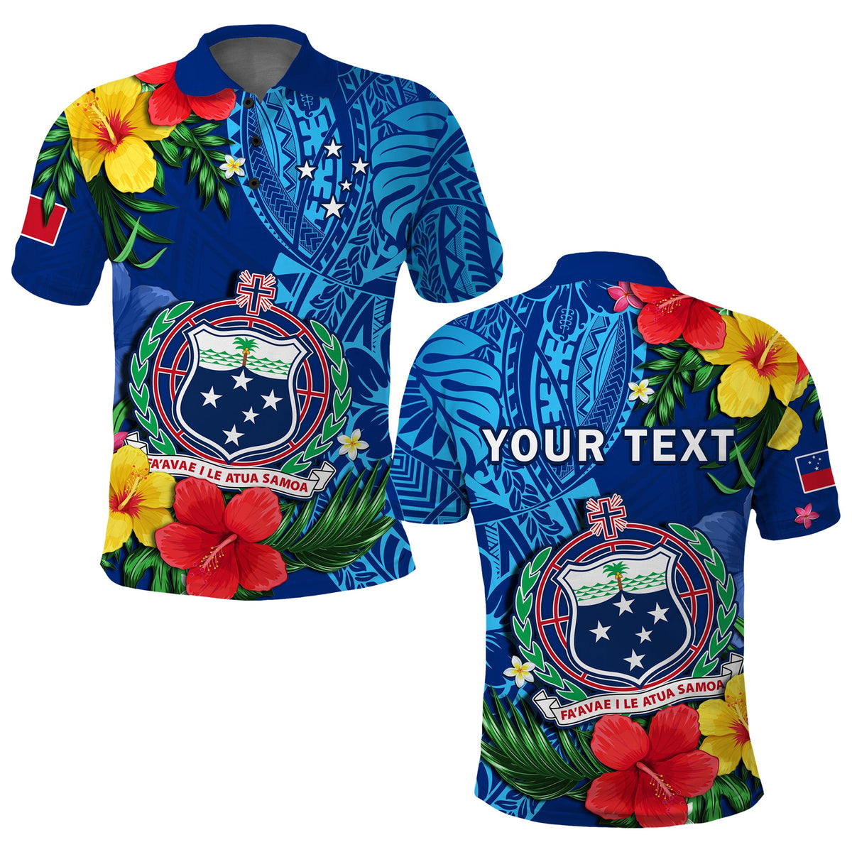 Custom Samoa Polo Shirt Coat Of Arms Mix Tropical Flowers LT14 Blue - Polynesian Pride