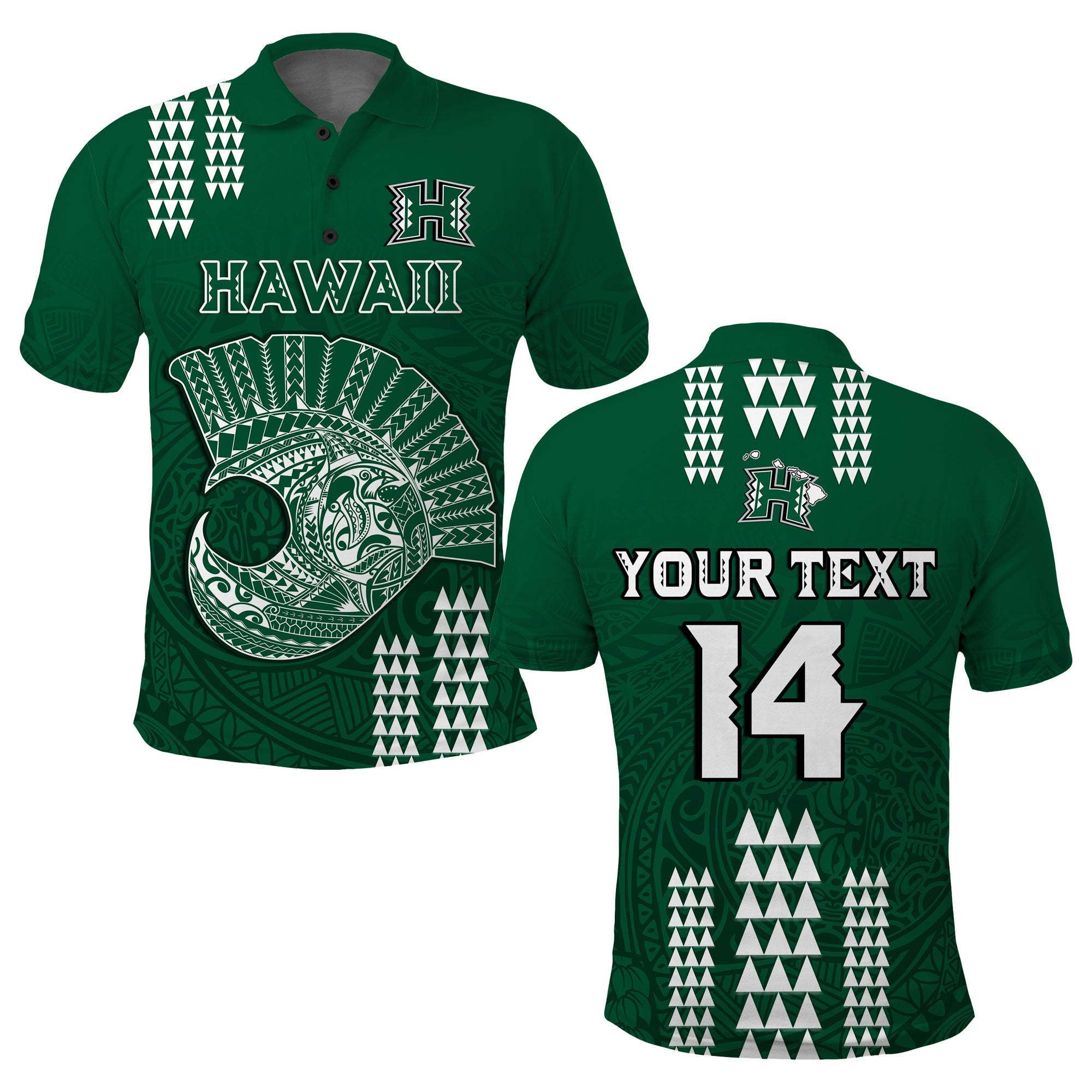 (Custom Text and Number) Hawaii Football Polo Shirt Kakau Rainbow Warriors Helmet LT14 Green - Polynesian Pride