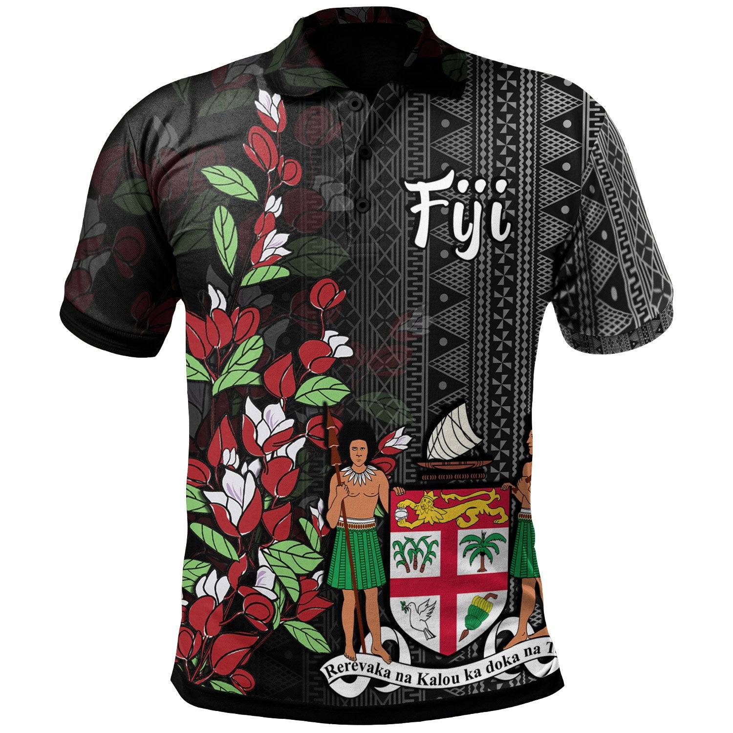 Fiji Polo Shirt Tagimaucia Flowers Unisex Black - Polynesian Pride