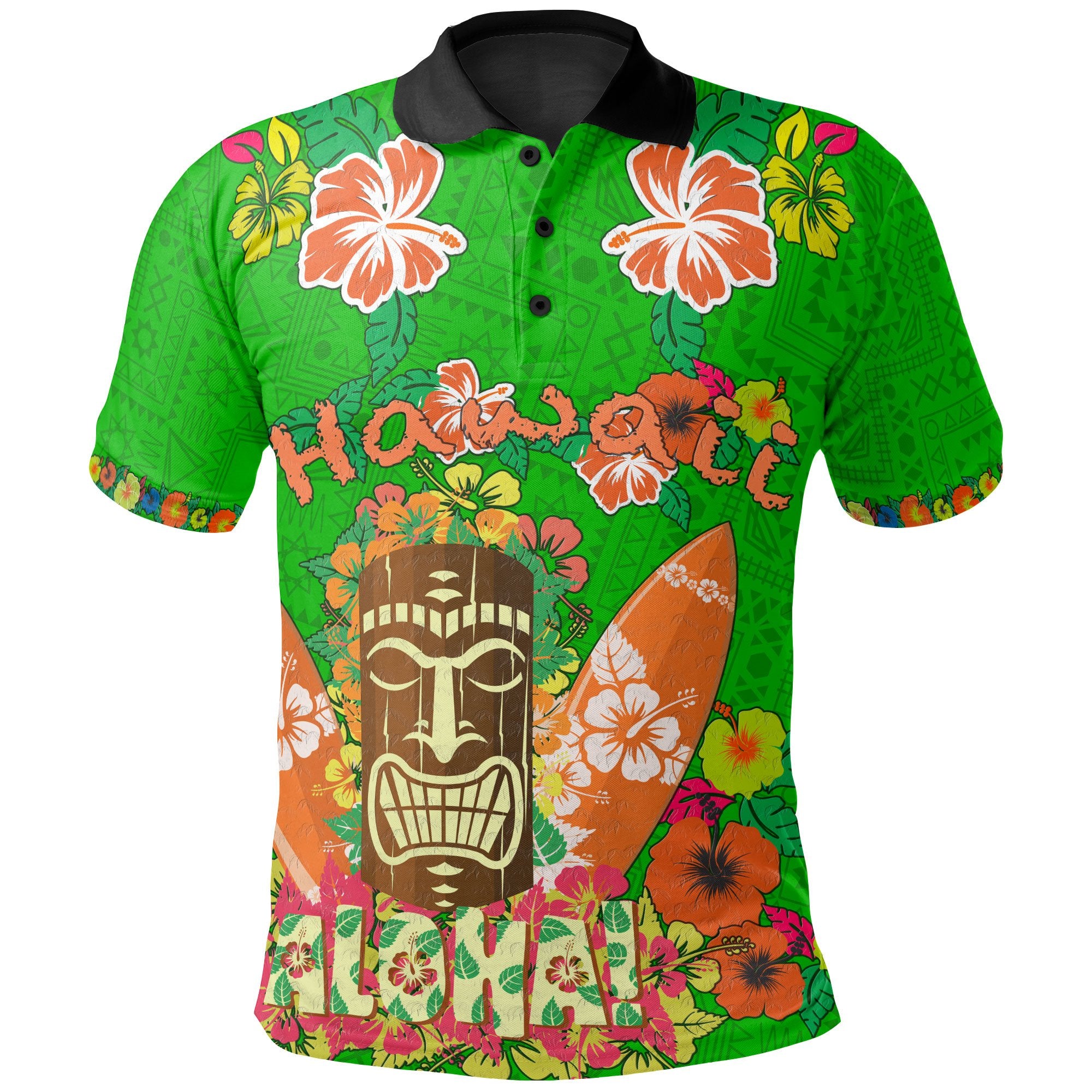 Hawaii All Over Polo Shirt Aloha Hawaii Tiki Statue(Green) Unisex Green - Polynesian Pride