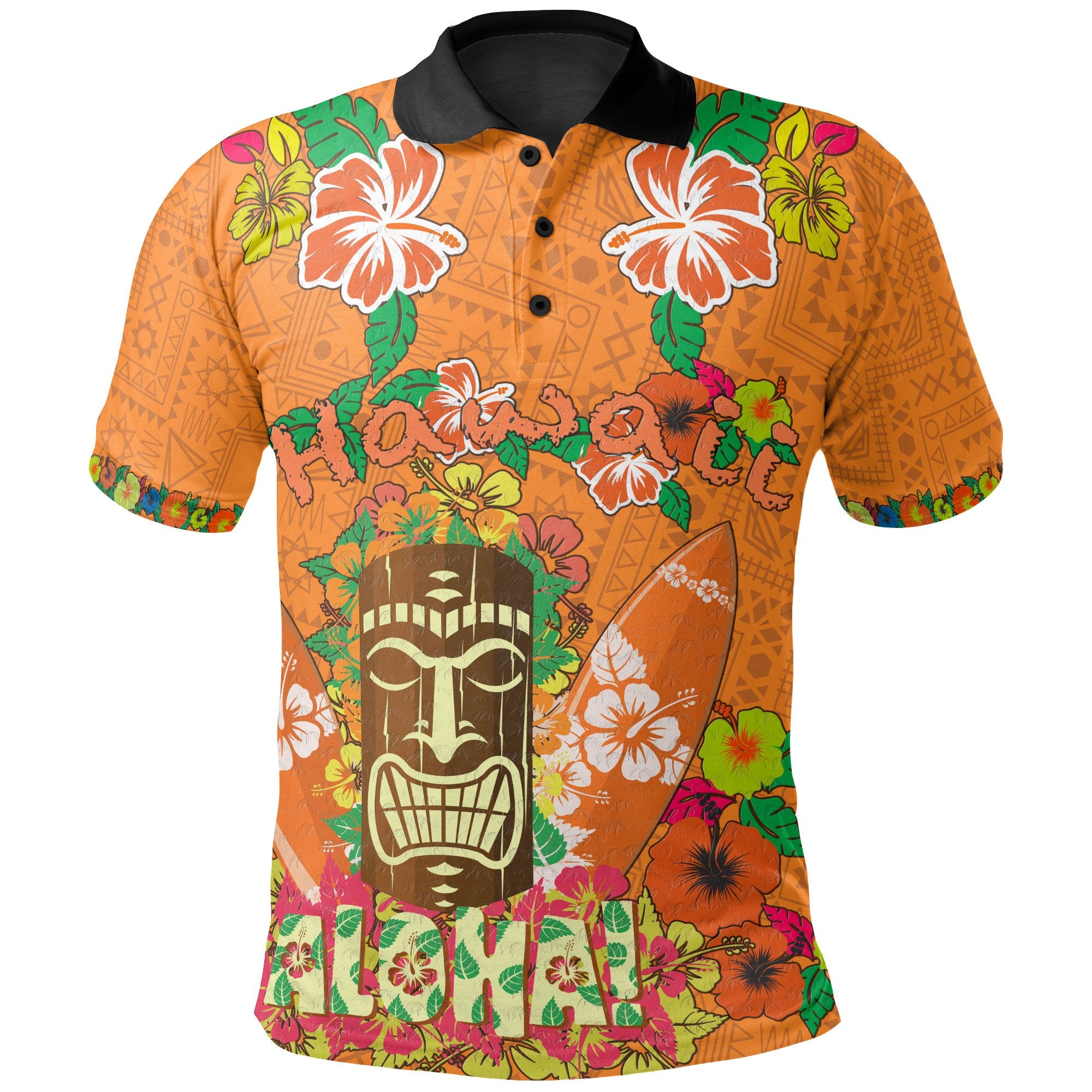 Hawaii All Over Polo Shirt Aloha Hawaii Tiki Statue(Orange) Unisex Orange - Polynesian Pride