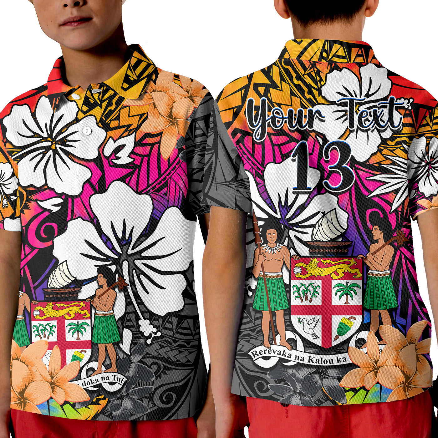 (Custom Text and Number) Fiji Tie Dye Polo Shirt KID Polynesian Tribal Creative Tropical Flowers LT13 Kid Red - Polynesian Pride