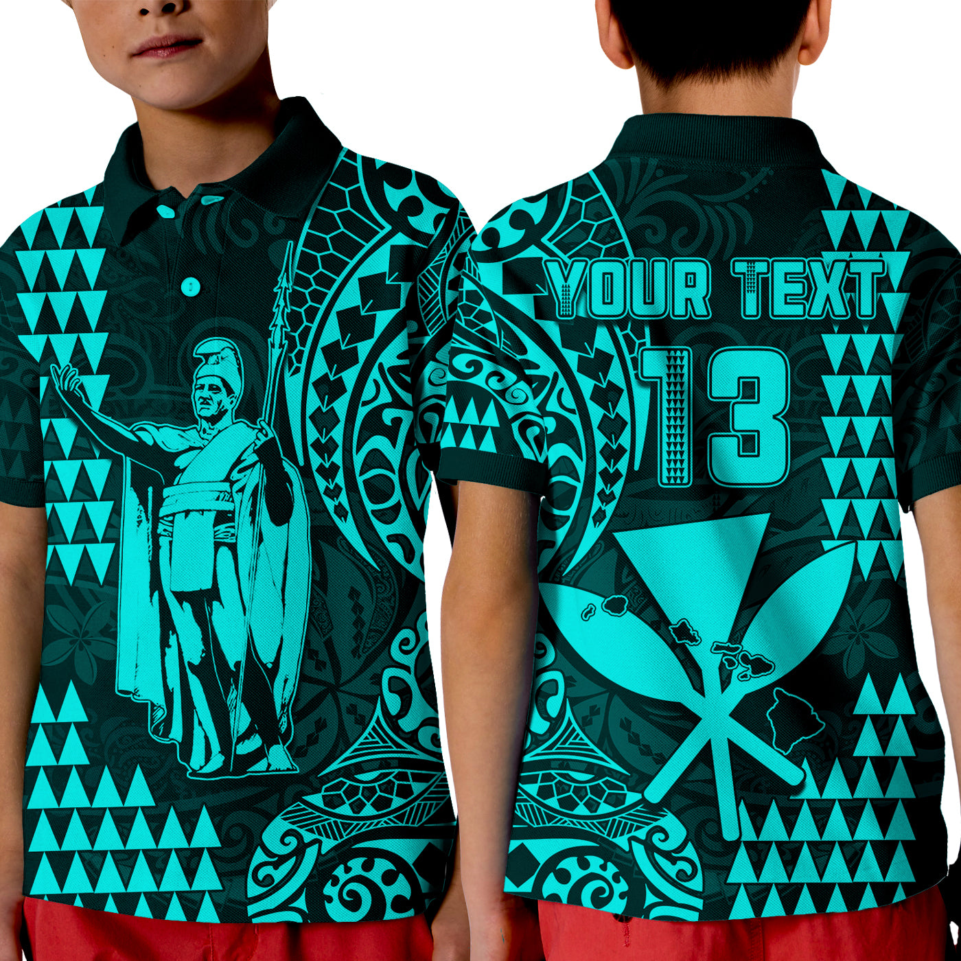 (Custom Text and Number) Hawaii Day Kakau Polo Shirt KID Proud To Be Hawaiian Turquoise King Kamehameha and Kanaka Maoli LT13 Kid Turquoise - Polynesian Pride