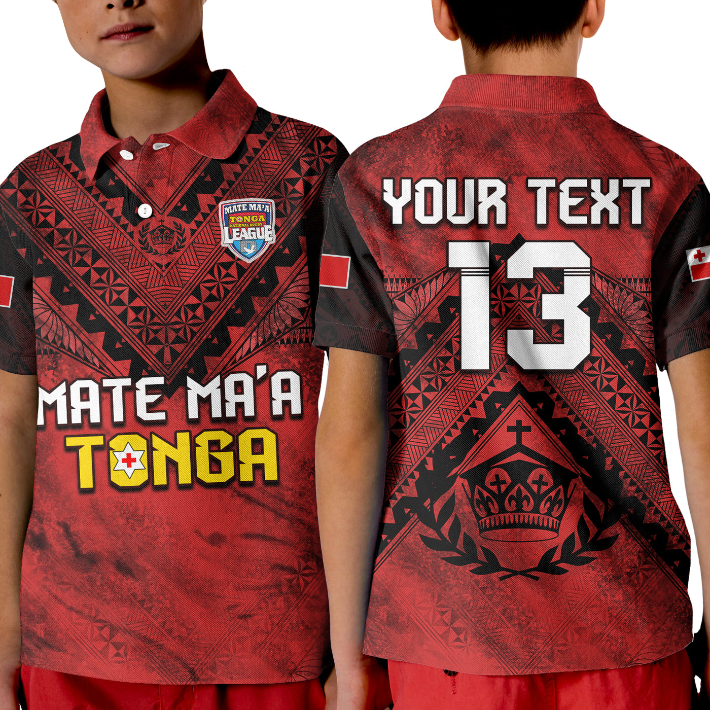 (Custom Text and Number) Tonga Rugby MMT Polo Shirt KID Ngatu Mate Maa Tonga Grunge LT13 Kid Red - Polynesian Pride