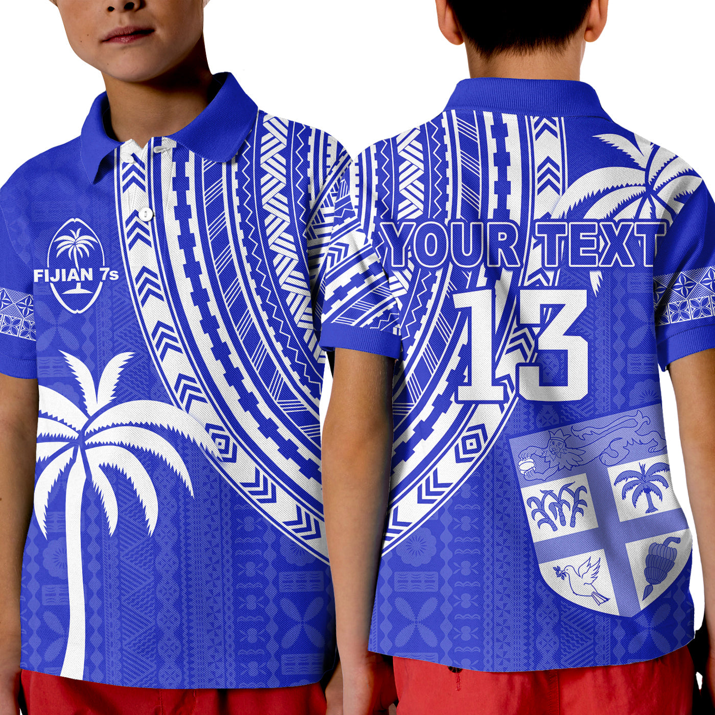 (Custom Text and Number) Fiji Rugby Sevens Polo Shirt KID Fijian 7s Tapa Polynesian Blue Ver.02 LT13 Kid Blue - Polynesian Pride