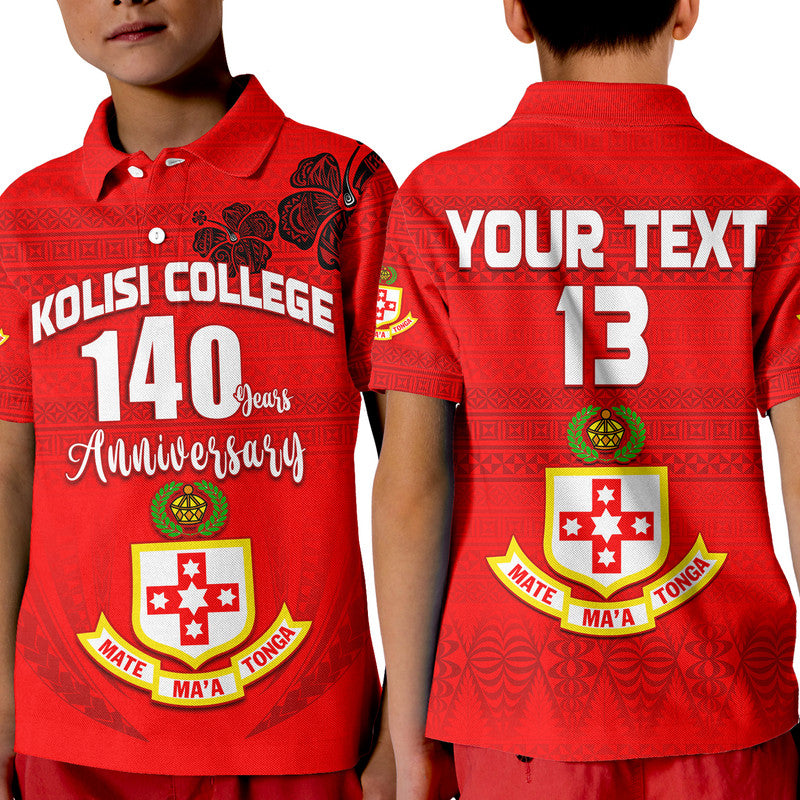 (Custom Text and Number) Kolisi Tonga College Atele Polo Shirt KID 140 Years Anniversary Tongan Ngatu LT13 Red - Polynesian Pride