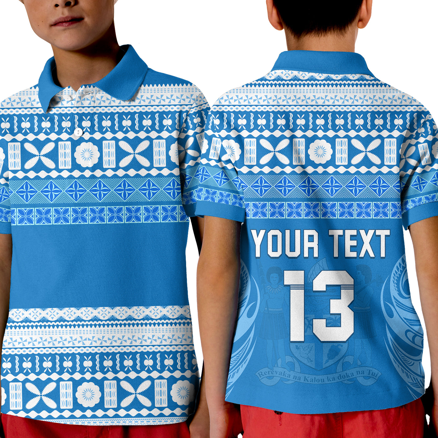 (Custom Text and Number) Bula Fiji Polo Shirt KID Tapa Pattern LT13 Unisex Blue - Polynesian Pride