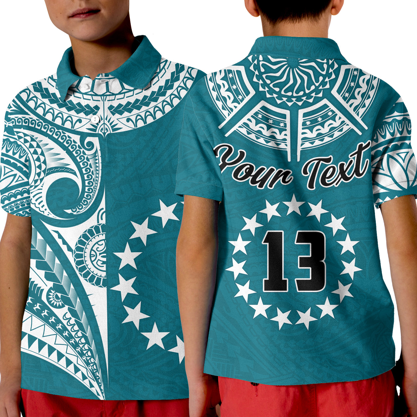 (Custom Text and Number) Cook Islands Tatau Polo Shirt KID Symbolize Passion Stars Version Blue LT13 Kid Blue - Polynesian Pride