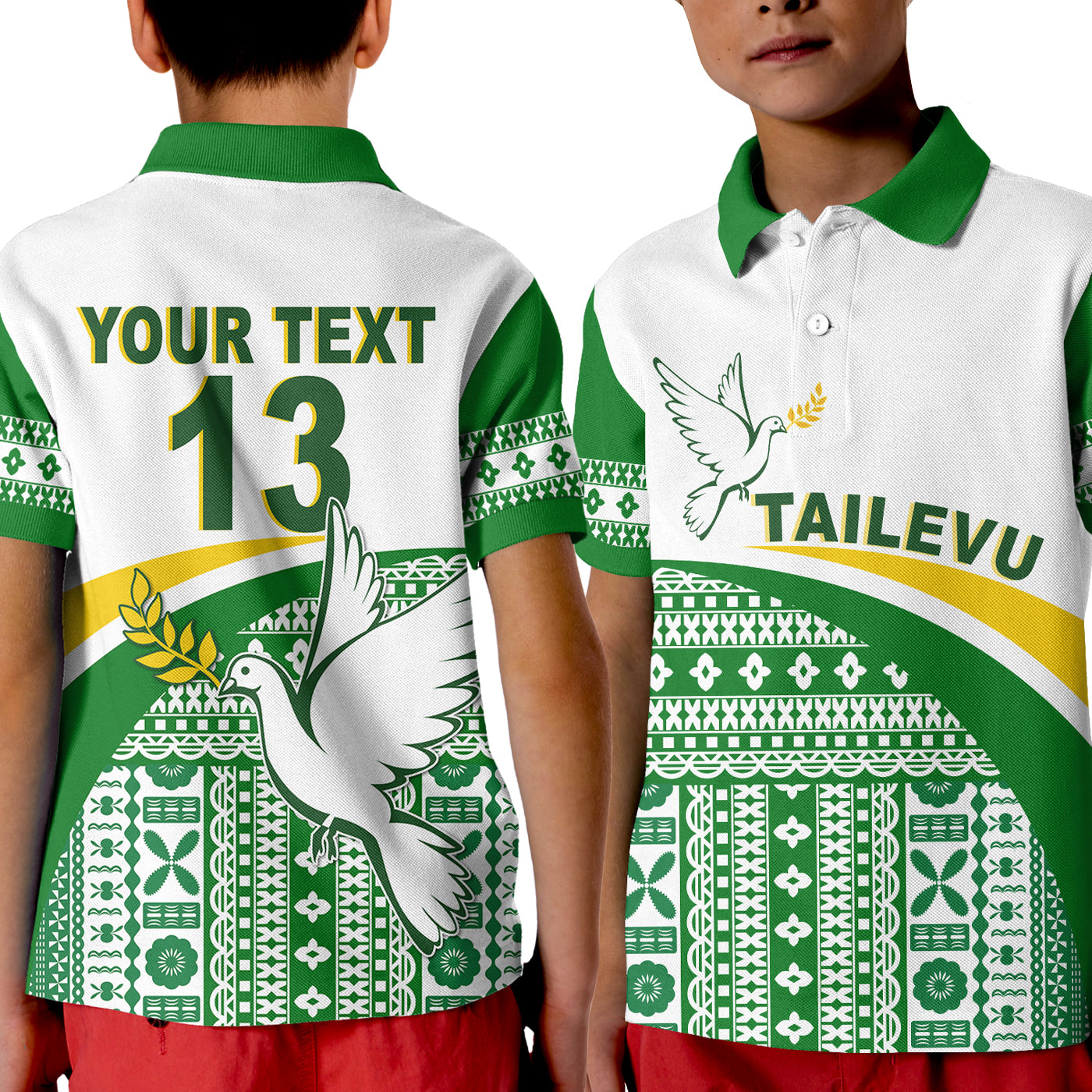 (Custom Text and Number) Tailevu Rugby Polo Shirt KID Fiji Rugby Tapa Pattern White LT13 Unisex White - Polynesian Pride