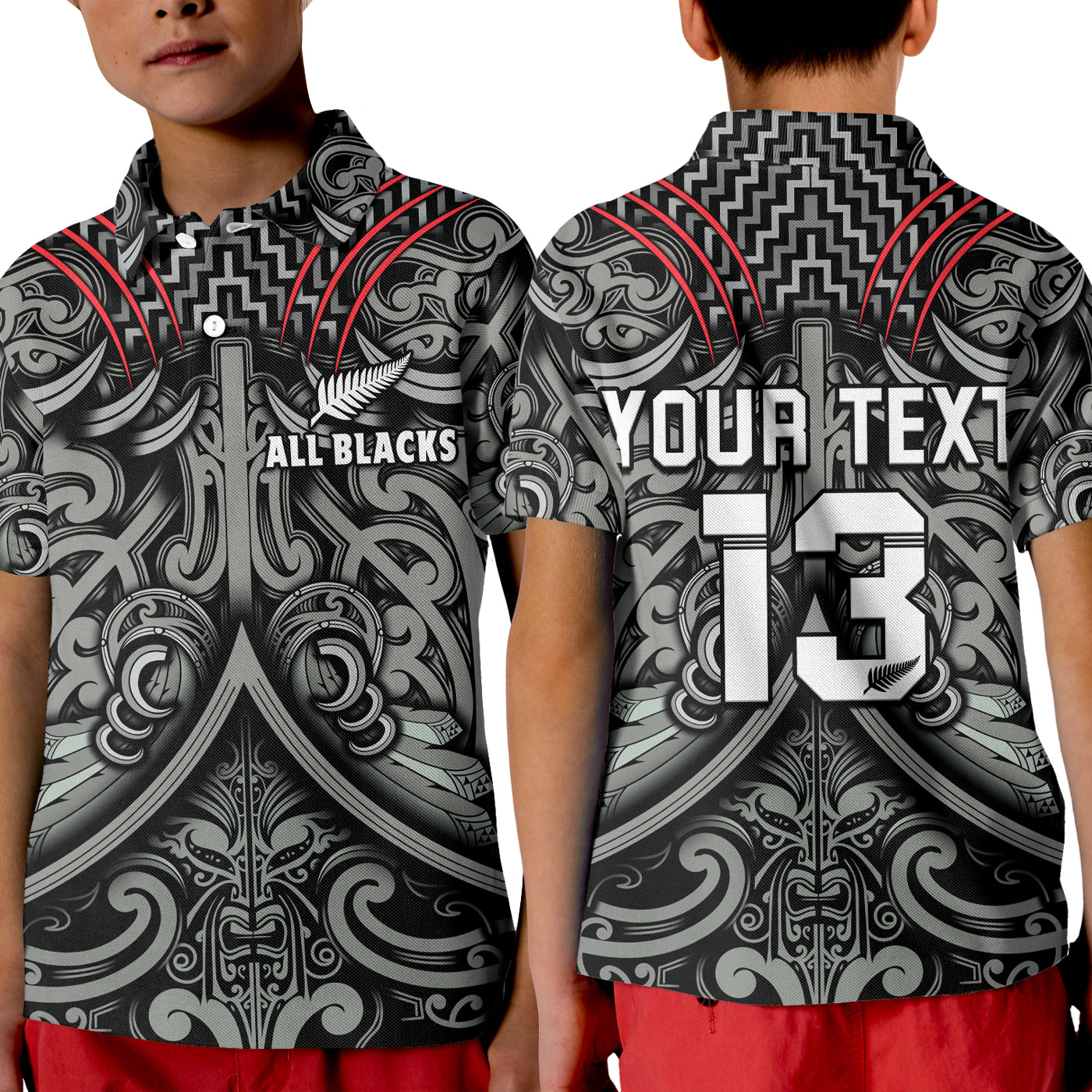 (Custom Text and Number) New Zealand Silver Fern Rugby Polo Shirt KID All Black NZ Maori Pattern LT13 Kid Black - Polynesian Pride