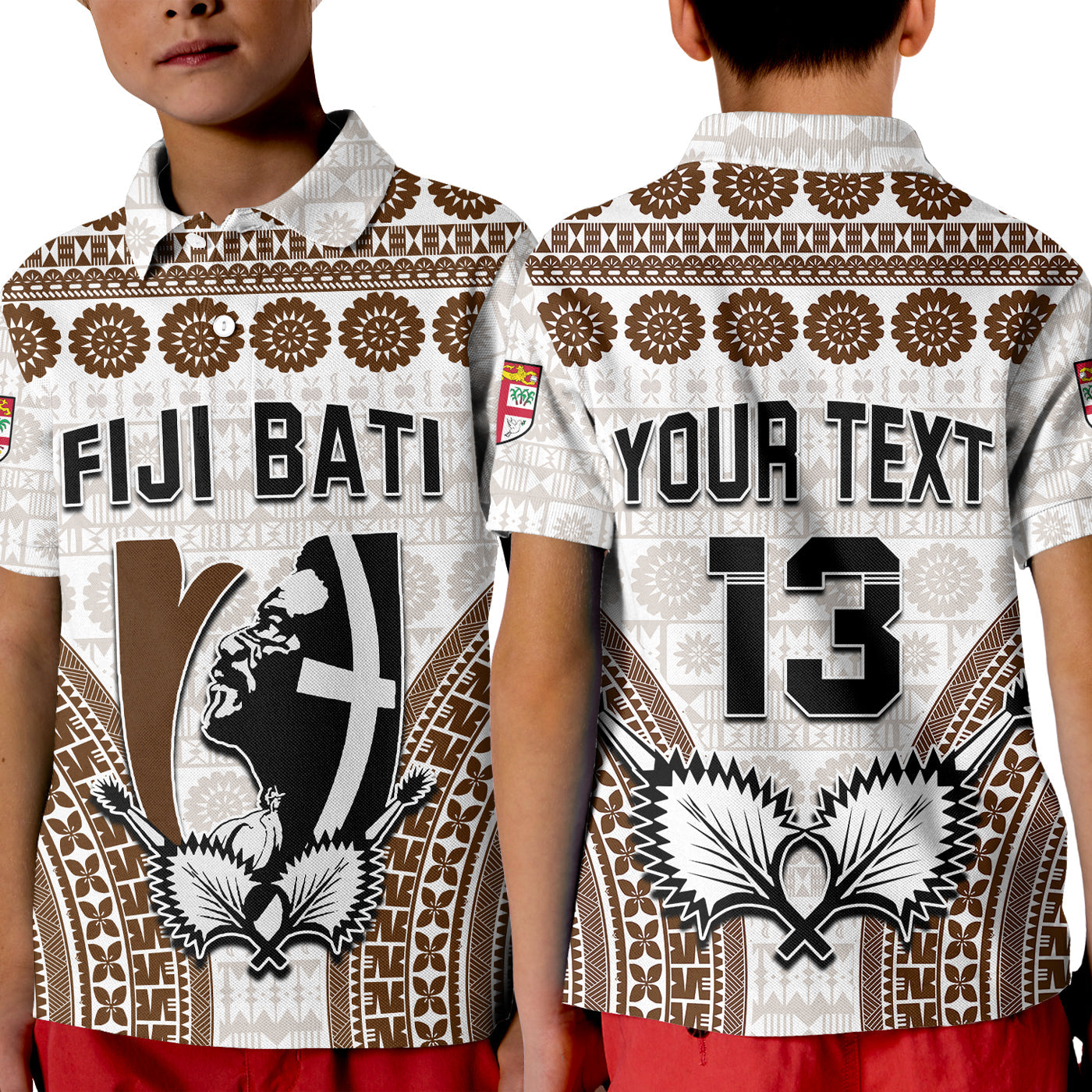 Custom Text and Number Fiji Rugby Bati Polo Shirt KID Proud Tapa Pattern LT13 Kid White - Polynesian Pride