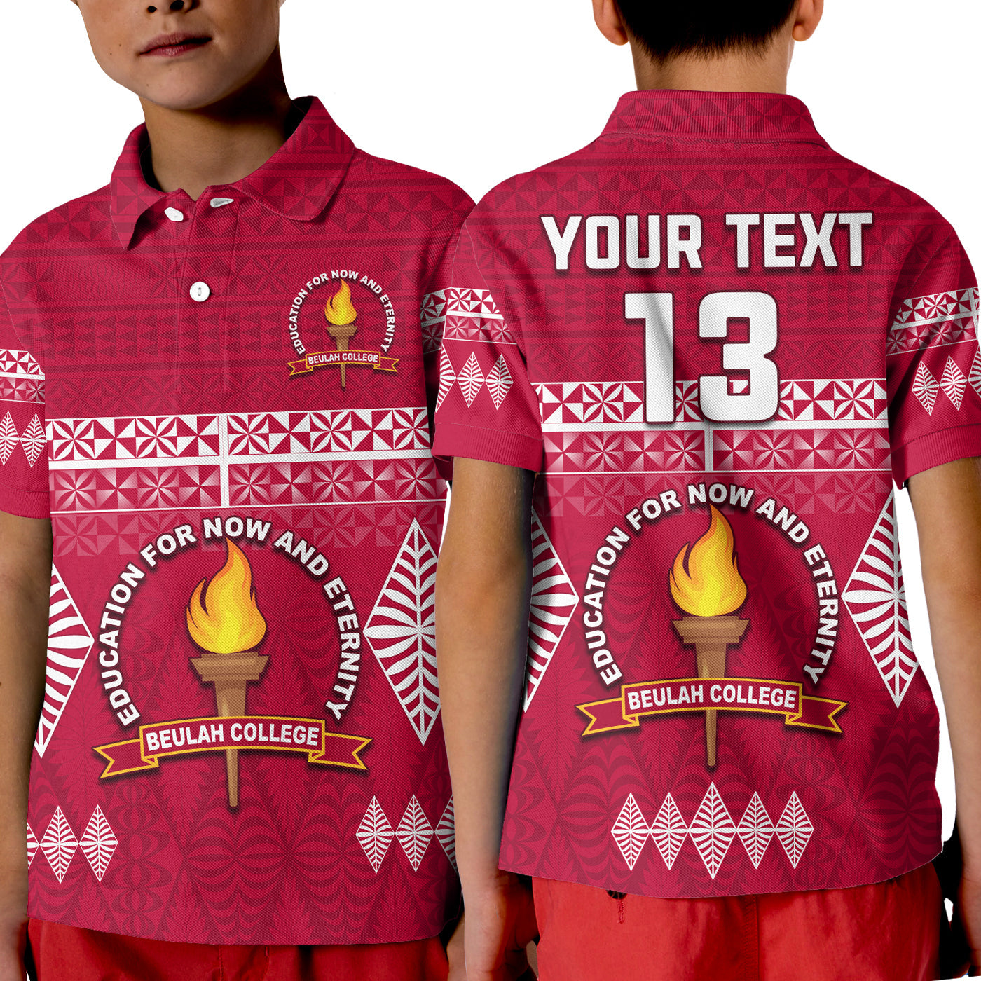 (Custom Text and Number) Beulah College Polo Shirt KID Ngatu Pattern Tonga LT13 Kid Maroon - Polynesian Pride