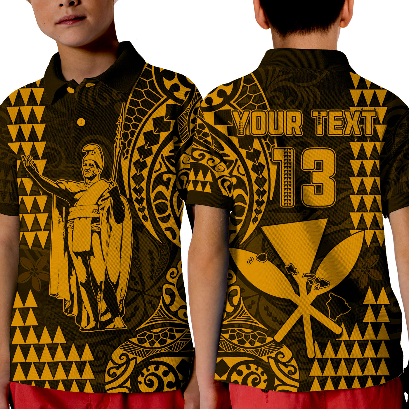 (Custom Text and Number) Hawaii Day Kakau Polo Shirt KID Proud To Be Hawaiian Gold King Kamehameha and Kanaka Maoli LT13 Kid Gold - Polynesian Pride