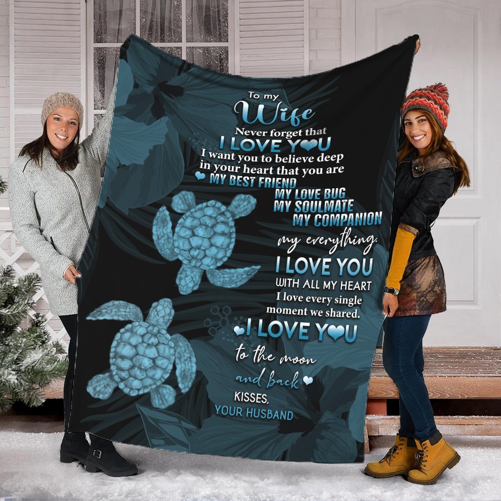 Hawaii Turtle Premium Blanket Hibiscus To My Wife Blue AH White - Polynesian Pride