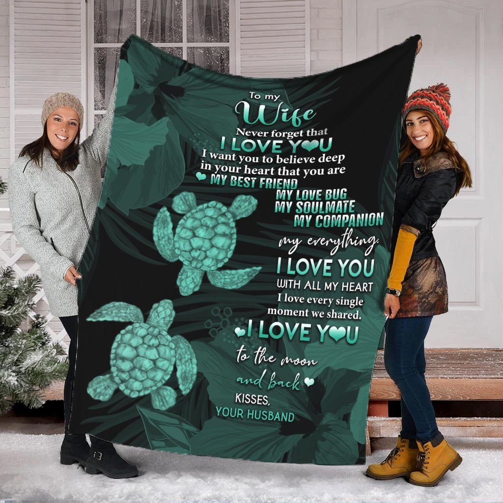 Hawaii Turtle Premium Blanket Hibiscus To My Wife Turquoise AH White - Polynesian Pride