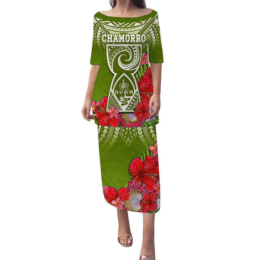 (Custom Personalised) Guam Chamorro Puletasi Dress Guaman Latte Stone Tropical Flowers Green Version LT14 Green - Polynesian Pride