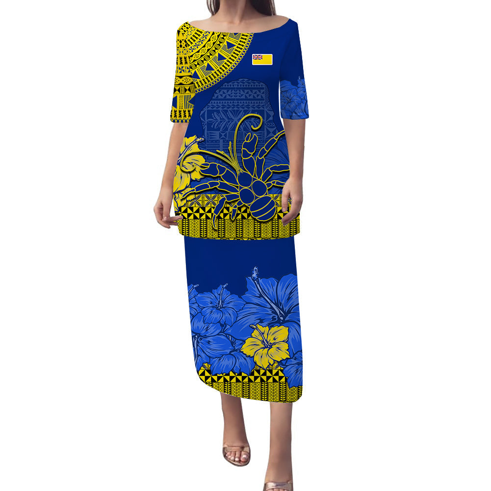 (Custom Personalised) Niue Hiapo Puletasi Dress Rock of Polynesia Tapa Niuean Crab Happy Day LT13 Women Blue - Polynesian Pride