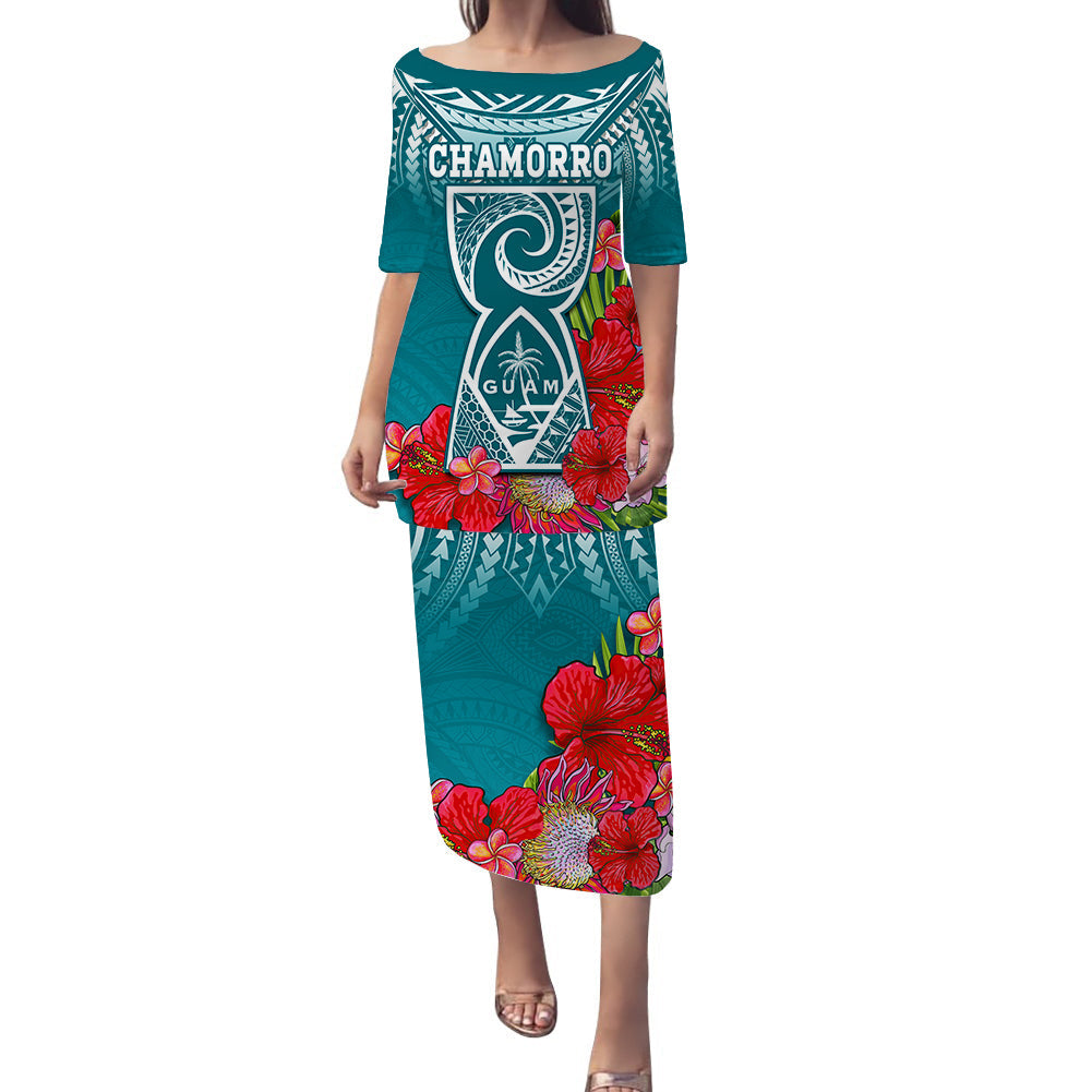 (Custom Personalised) Guam Chamorro Puletasi Dress Guaman Latte Stone Tropical Flowers Turquoise Version LT14 Turquoise - Polynesian Pride