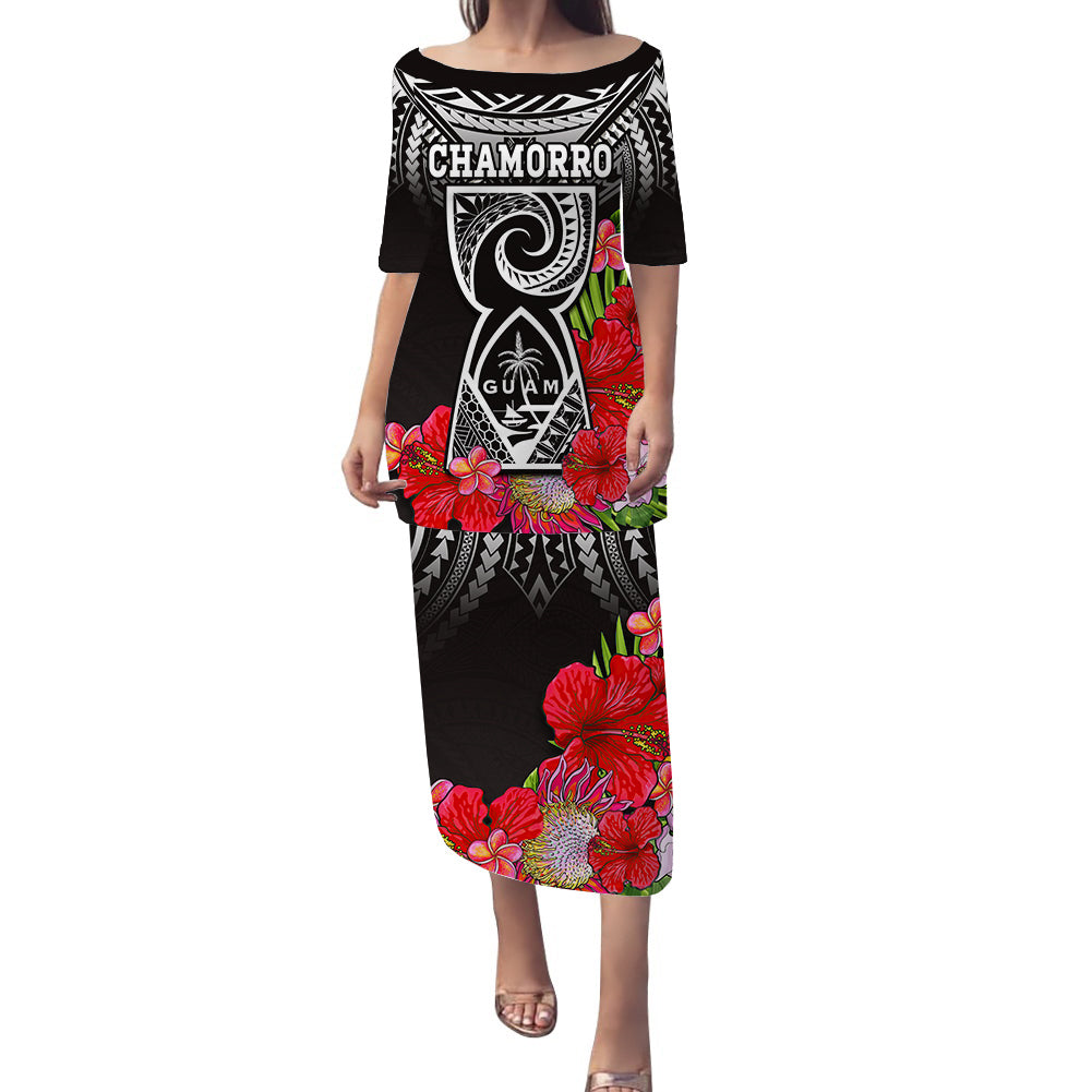 (Custom Personalised) Guam Chamorro Puletasi Dress Guaman Latte Stone Tropical Flowers Black Version LT14 Black - Polynesian Pride