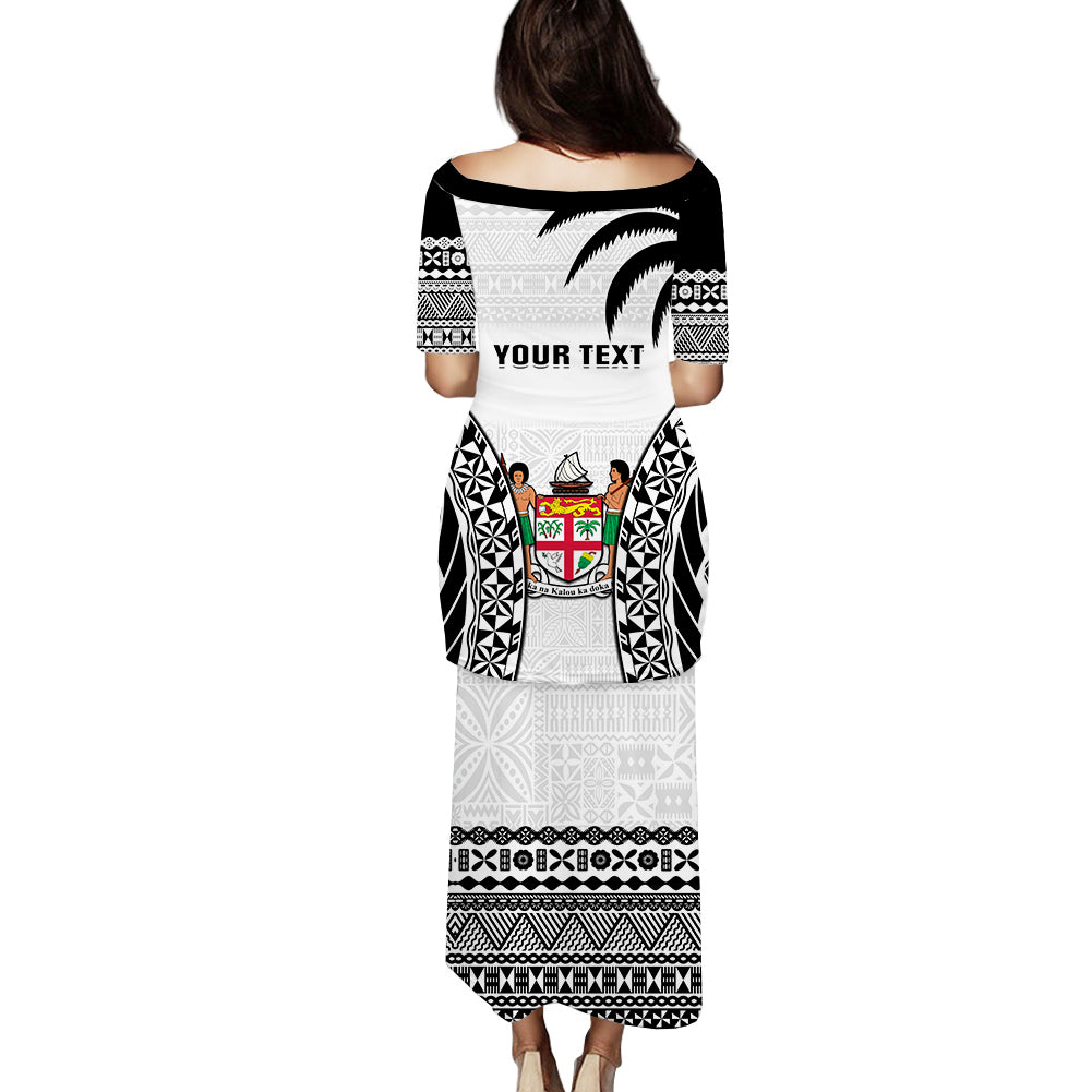 (Custom Personalised) Fiji University Puletasi Dress National Fijian Tapa Pattern White LT14 - Polynesian Pride