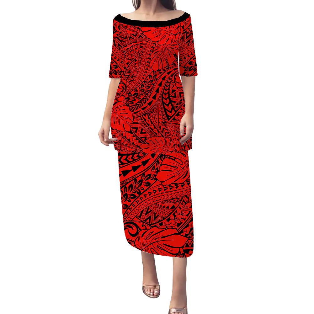 (Custom Personalised) Hawaii Puletasi Dress Polynesian Tribal Art Ver.02 LT14 Long Dress Red - Polynesian Pride