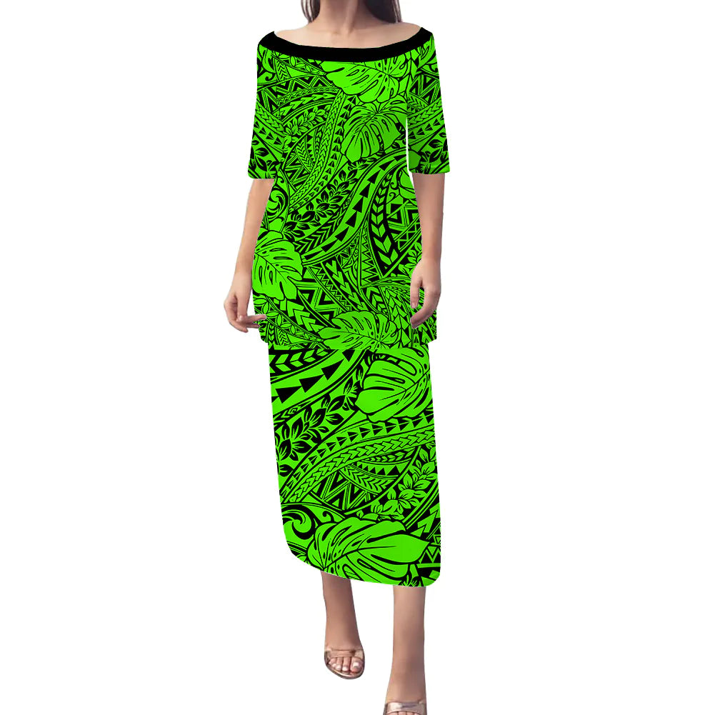 (Custom Personalised) Hawaii Puletasi Dress Polynesian Tribal Art Ver.06 LT14 Long Dress Green - Polynesian Pride