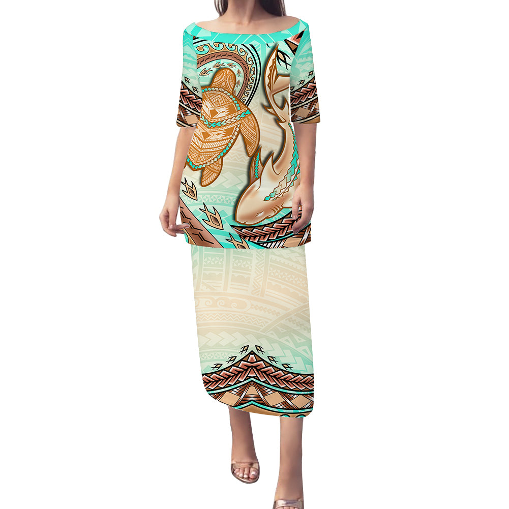 Hawaii Puletasi Dress Polynesian Shark And Sea Turtle Dreamy Turquoise Artsy LT14 Turquoise - Polynesian Pride