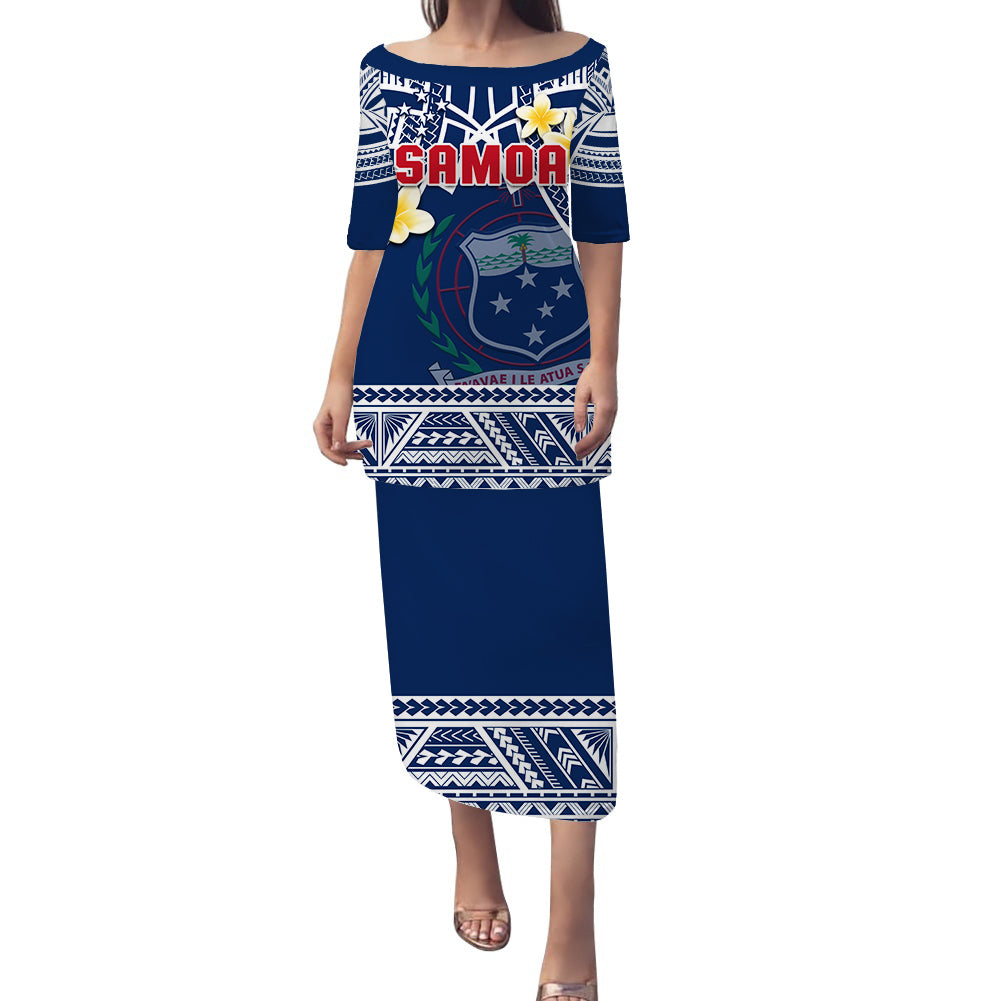 (Custom Personalised) Samoa Puletasi Dress Samoan Plumeria Flowers Mix Polynesian Pattern LT14 Blue - Polynesian Pride