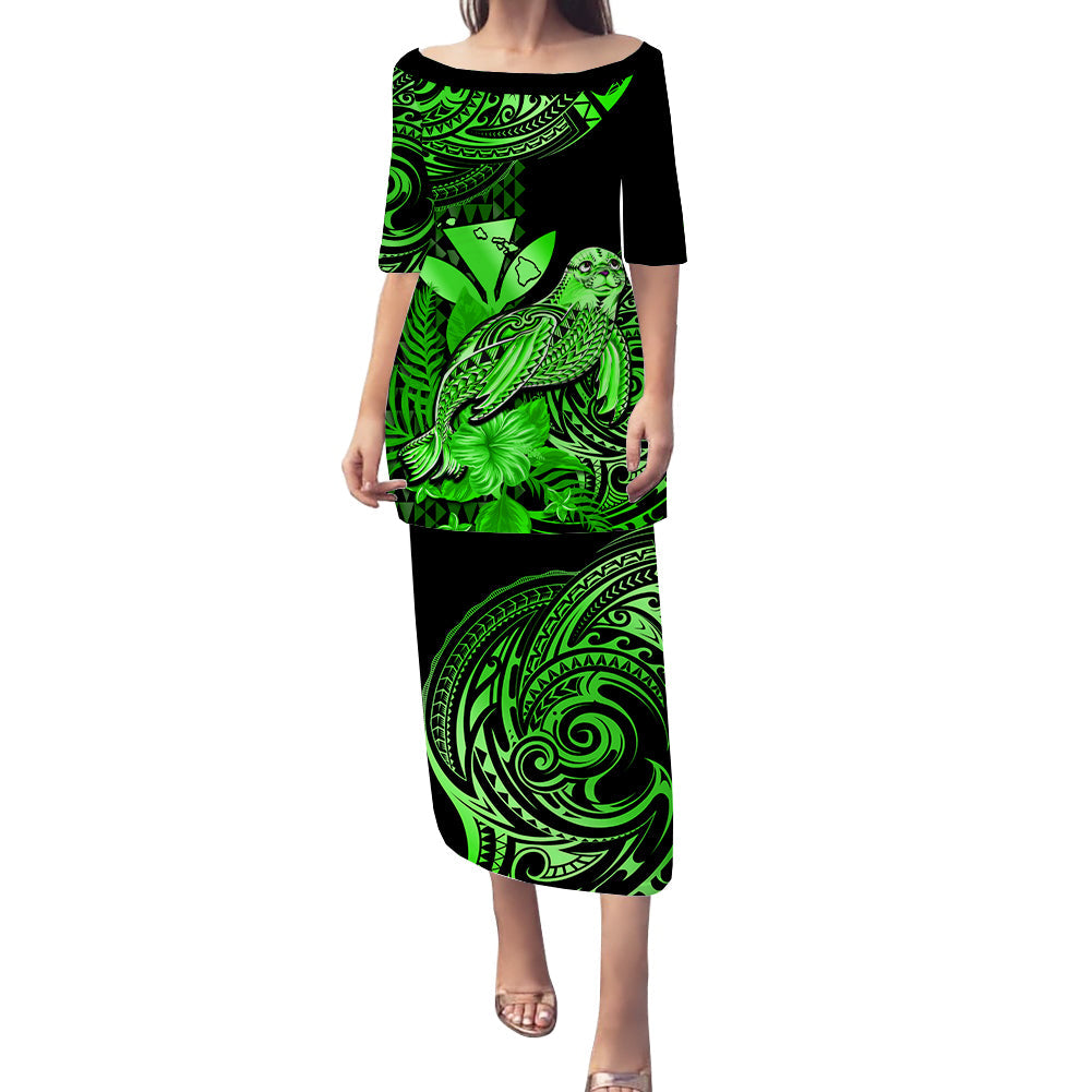 (Custom Personalised) Hawaii Monk Seal Puletasi Dress Kakau With Kanaka Green LT14 Long Dress Green - Polynesian Pride