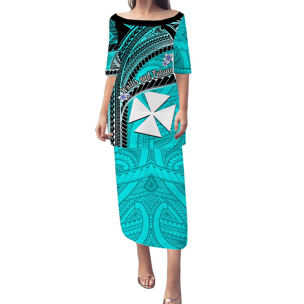 Wallis And Futuna Puletasi Dress Plumeria Flowers With Turquoise Polynesian Pattern LT14 Long Dress Turquoise - Polynesian Pride