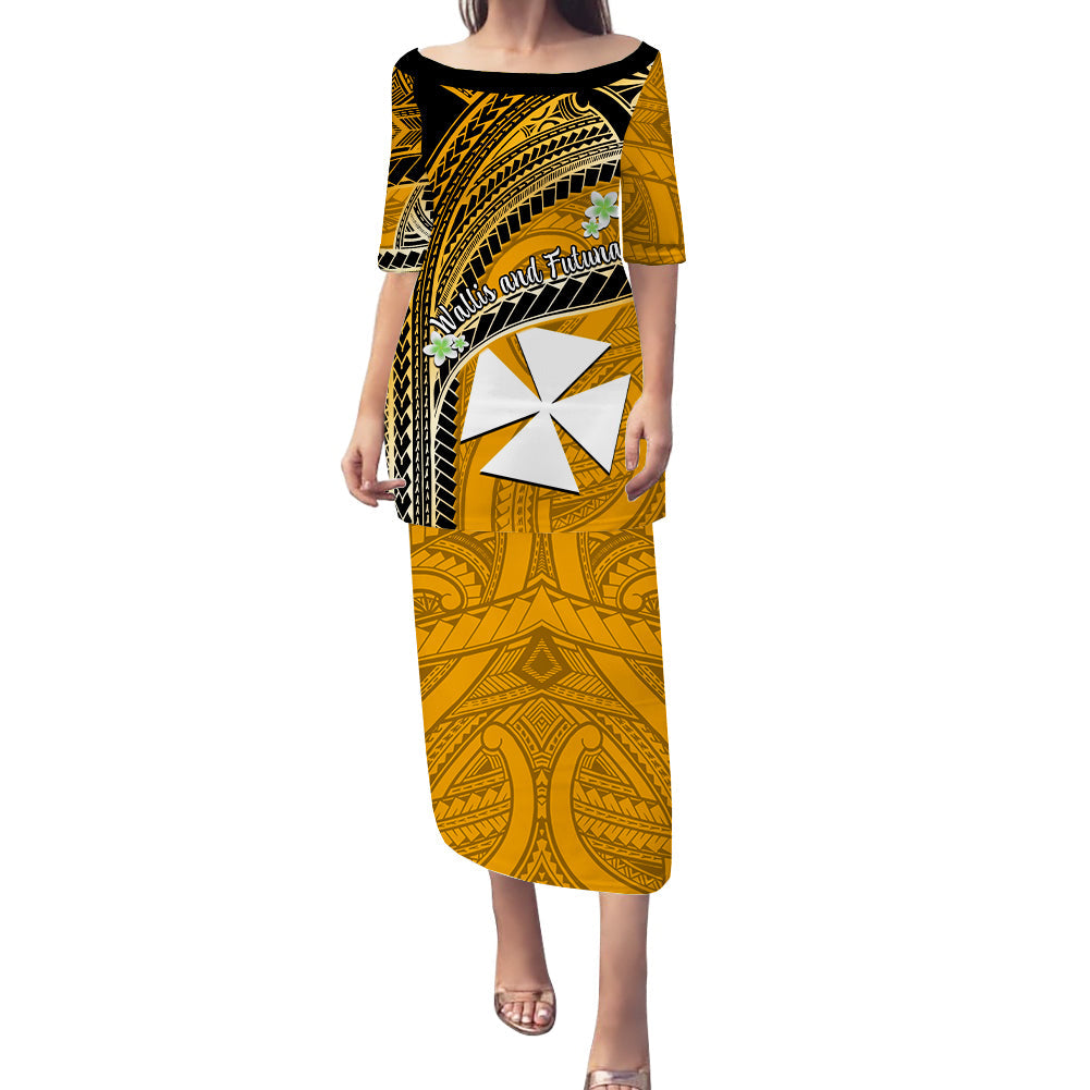 Wallis And Futuna Puletasi Dress Plumeria Flowers With Gold Polynesian Pattern LT14 Long Dress Gold - Polynesian Pride