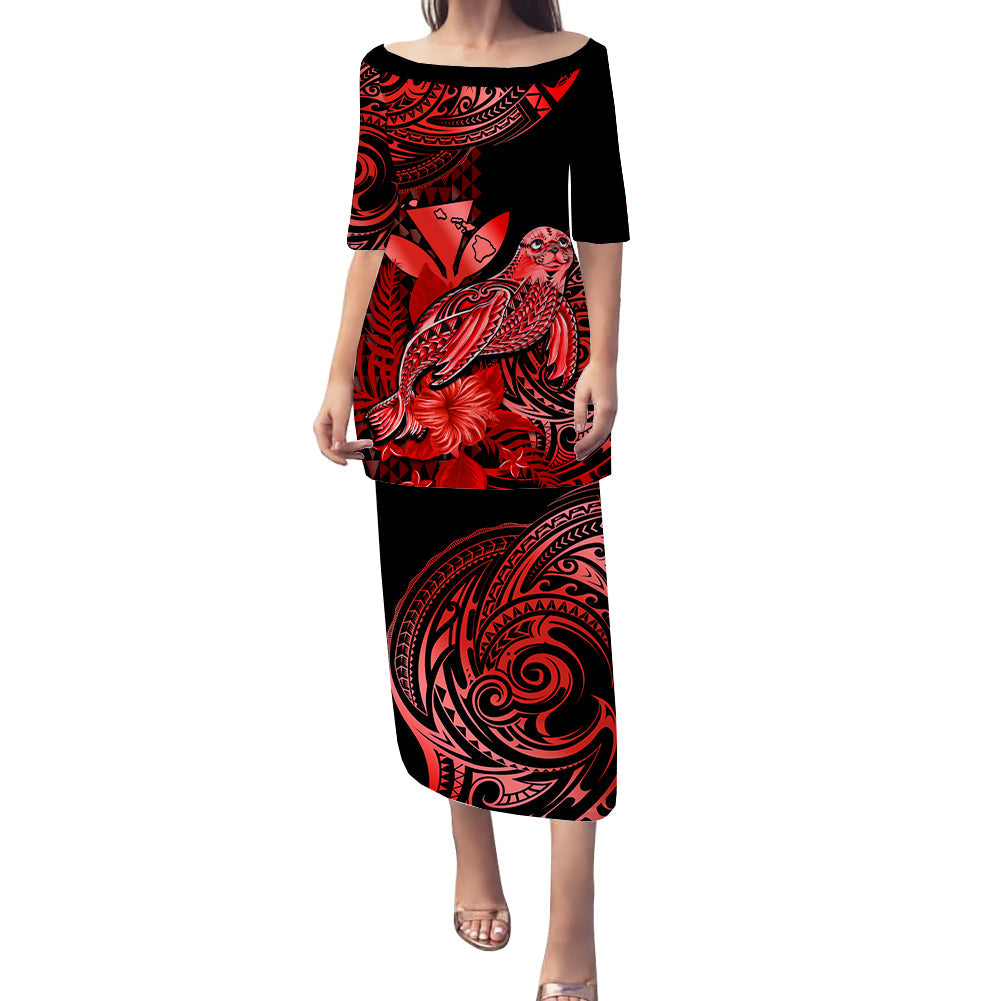 (Custom Personalised) Hawaii Monk Seal Puletasi Dress Kakau With Kanaka Red LT14 Long Dress Red - Polynesian Pride