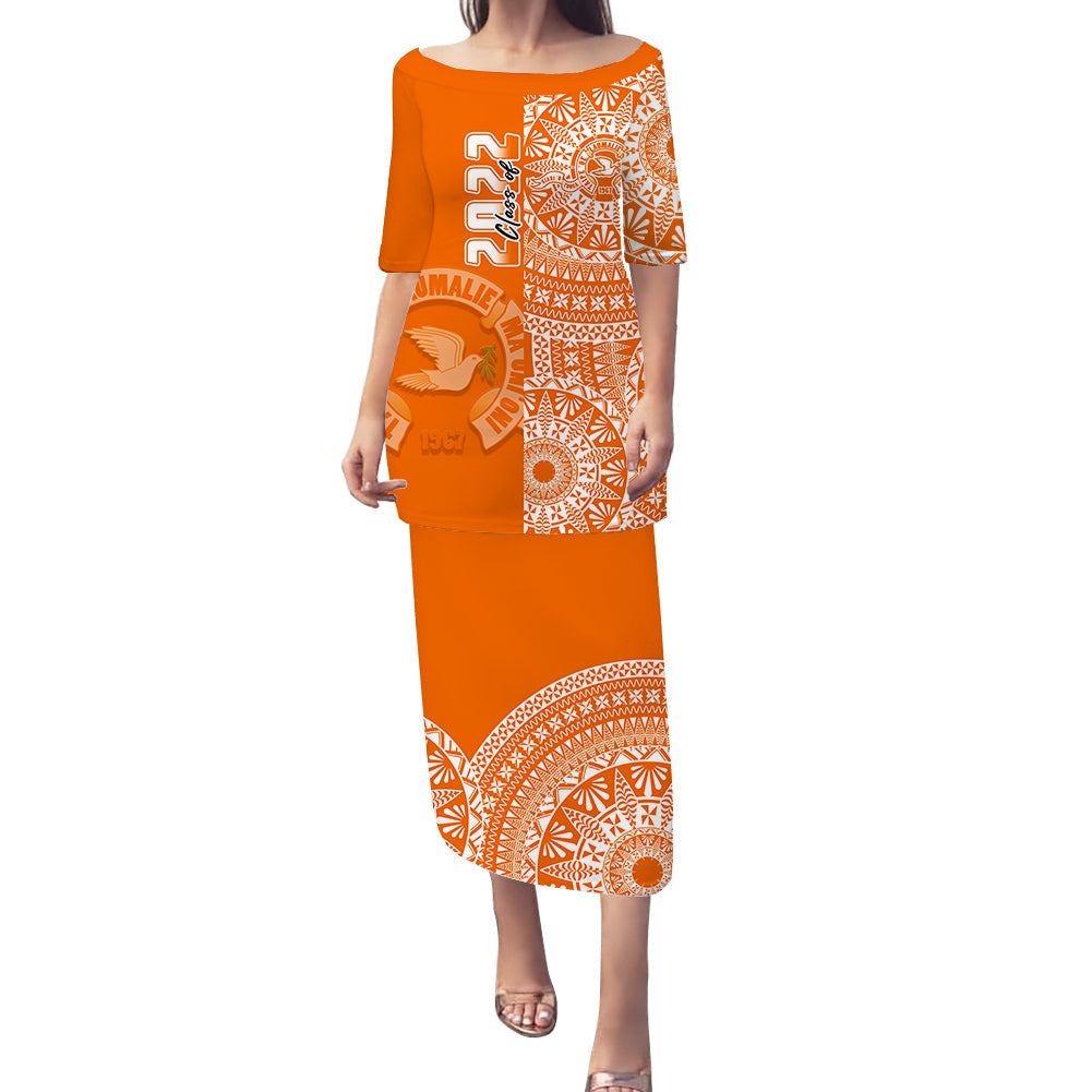 (Custom Text And Number) Tailulu Tonga College Puletasi Dress Class Of Year Tongan Ngatu Pattern LT14 Orange - Polynesian Pride